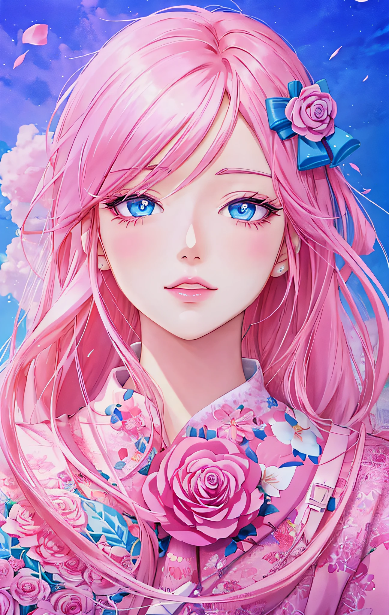 anime girl with blue eyes and pink hair holding a rose, anime digital art, stunning anime face portrait, beautiful anime face, beautiful anime portrait, anime art wallpaper 4k, anime art wallpaper 4 k, beautiful fantasy anime, beautiful anime girl, digital anime art, anime style 4 k, beautiful anime, beautiful digital art, gorgeous digital art, very beautiful digital art