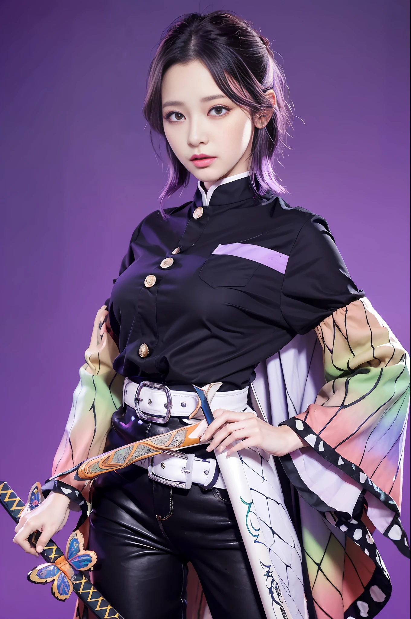 masterpiece, best quality, highres, 1girl, solo, kochou shinobu, butterfly hair ornament, purple eyes, multicolored hair, short hair, parted bangs, haori, wide sleeves, long sleeves, black pants, black jacket, belt, cowboy shot, holding weapon, sword