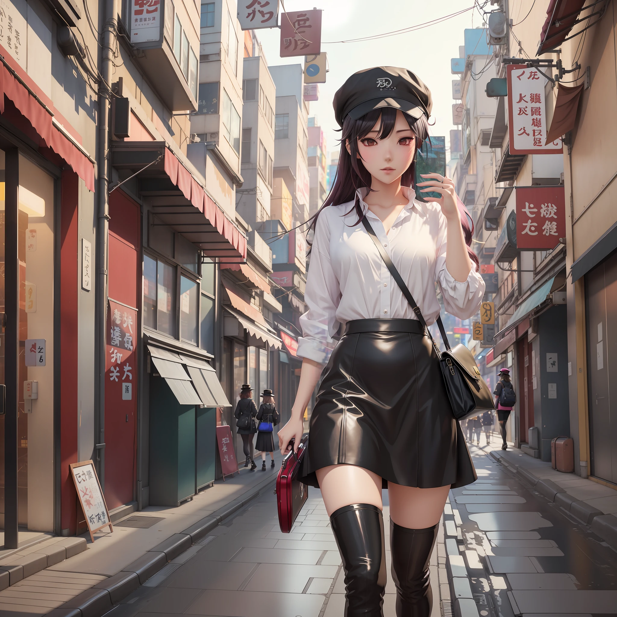 there is a woman in a skirt and hat walking down a street, realistic anime 3 d style, artwork in the style of guweiz, 3 d anime realistic, anime girl in real life, photorealistic anime girl render, cyberpunk anime girl, female cyberpunk anime girl, photorealistic anime, stylized urban fantasy artwork, digital cyberpunk anime art, tokyo anime scene
