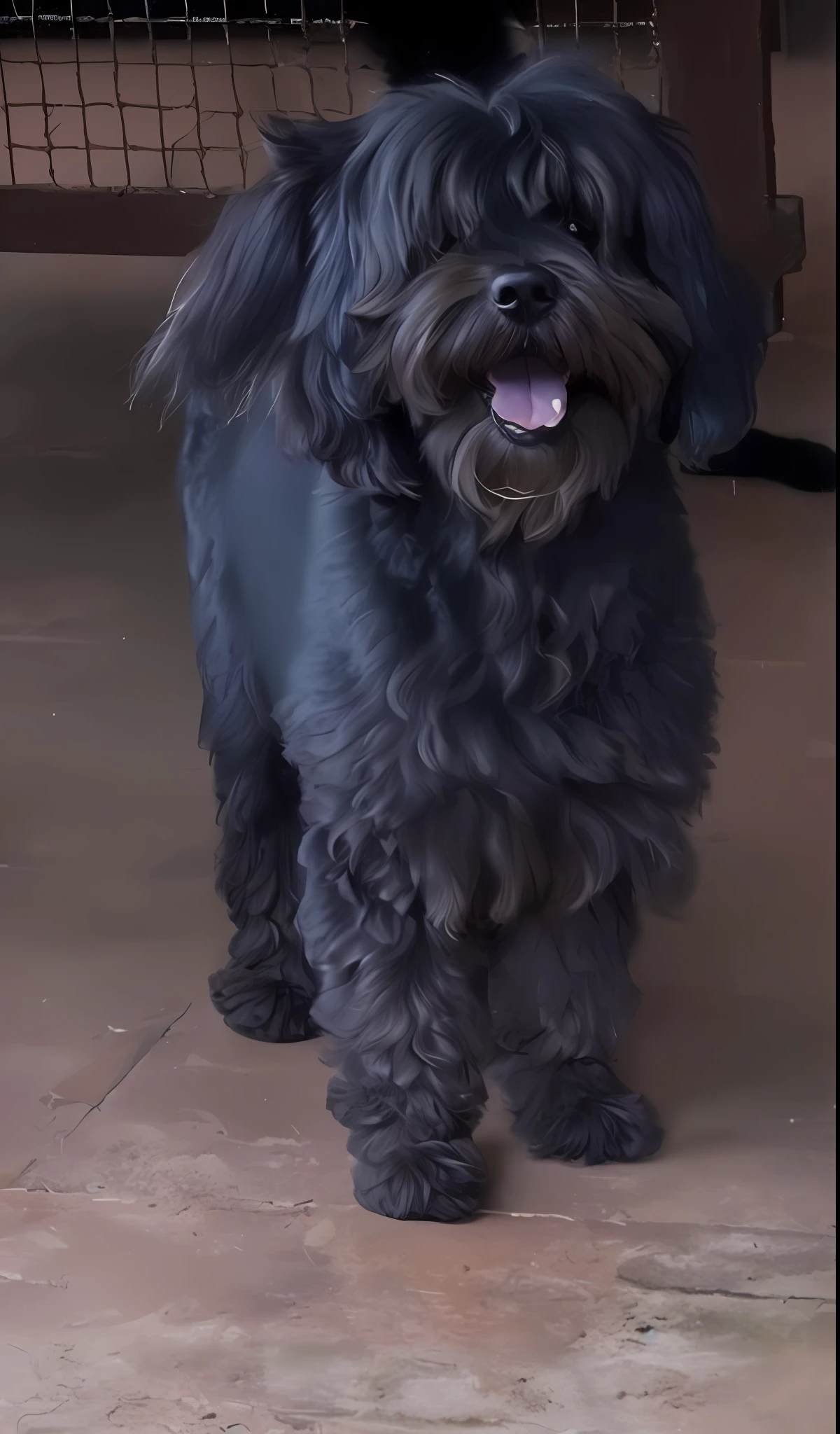There's a black dog standing on a concrete floor next to a fence, shaggy-looking, magnified, taken in early 2020, extremely detailed, Bella, a handsome, 2--old,tired Barney, very handsome, very silly, 5-year-olnlarg taken in the late 2020s, Poodle, sticking out his tongue, highlighting his paw, 8k, professional photo, delicate, clear, in the house, sunlight, light leakage, masterpiece, (((beautiful)))), fashion tea cup, (reality)))), mokomoko