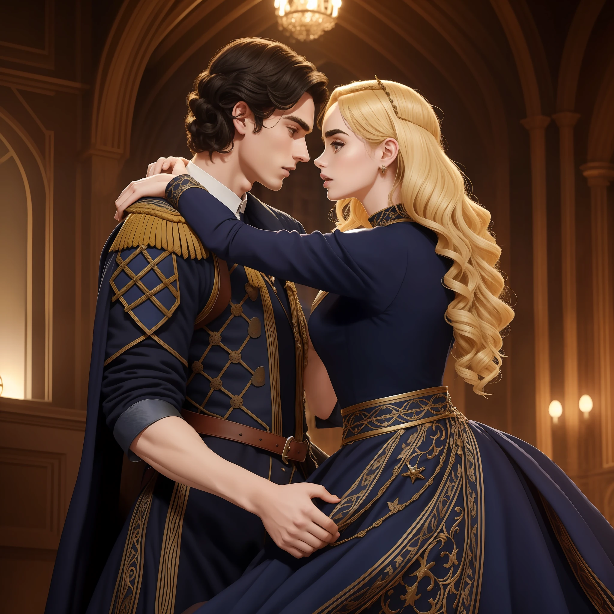 Lily Collins, who has curly black hair, wears a navy blue medieval dress. the Neels Visser wears a medieval military outfit and has blonde hair. The couple is waltzing in the ballroom filled with couples