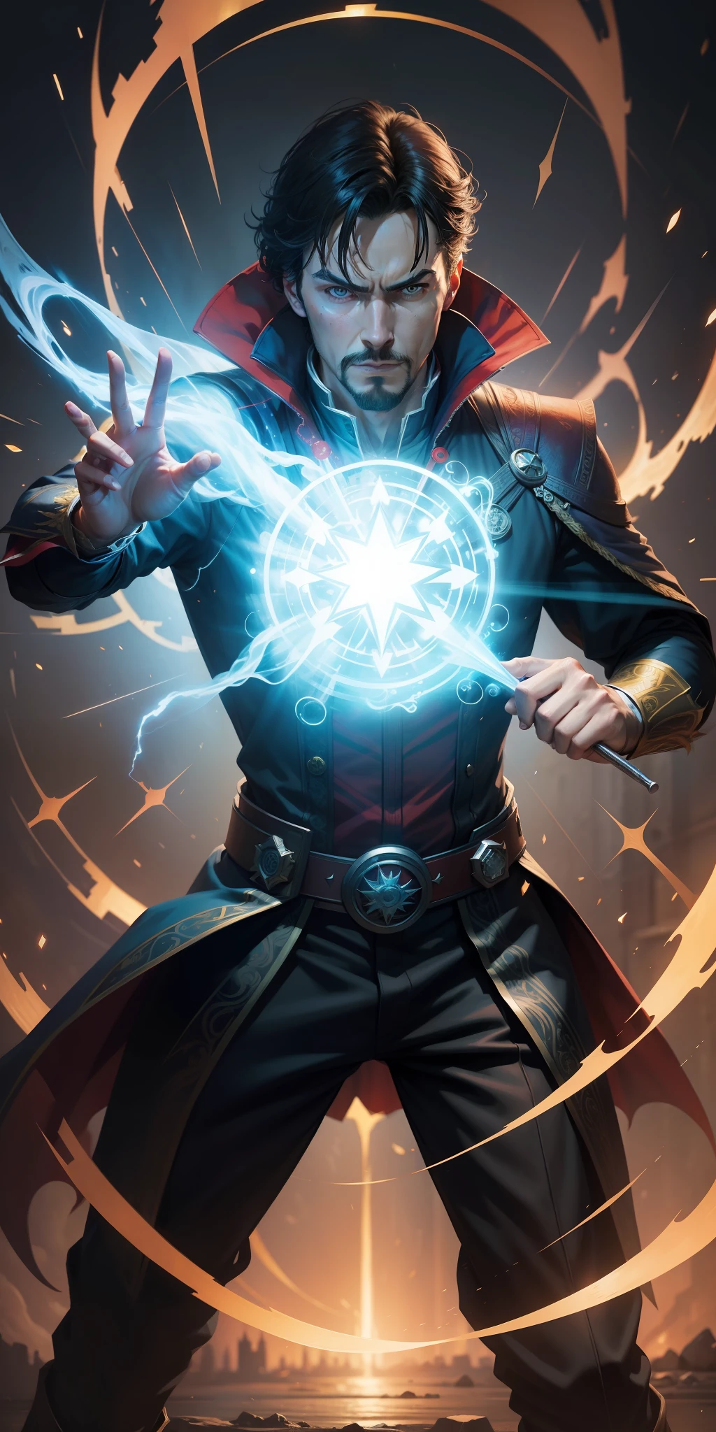 Masterpiece,Best Illustration, Ultra Resolution, Beautiful, Illustration Masterpiece,Doctor Strange, Handsome, Young,Serious,Fighting Pose, Holograms, Marvel Style Studios