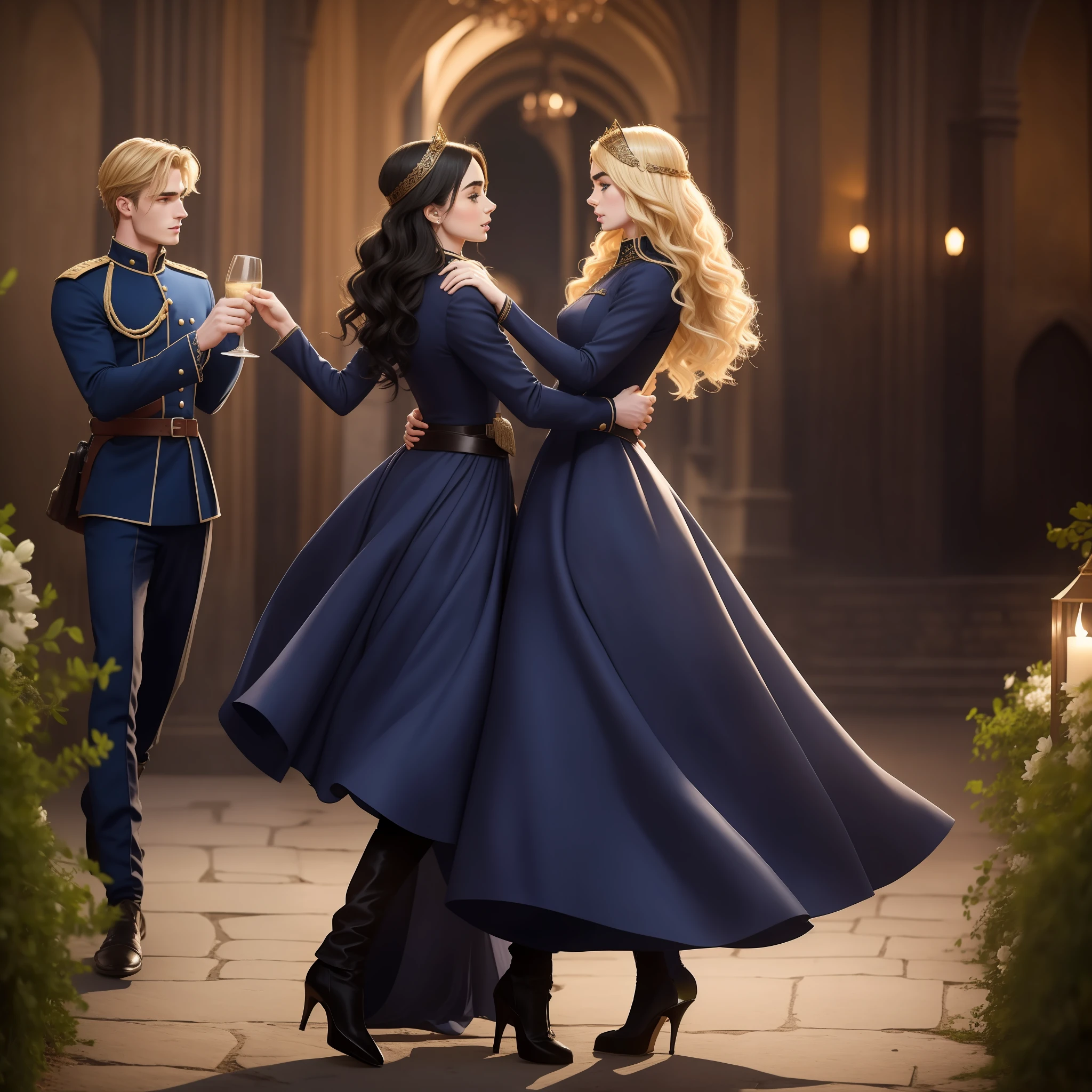 Lily Collins, who has curly black hair, wears a navy blue medieval dress. the Neels Visser wears a medieval military outfit and has blonde hair. The couple is waltzing in the ballroom filled with couples