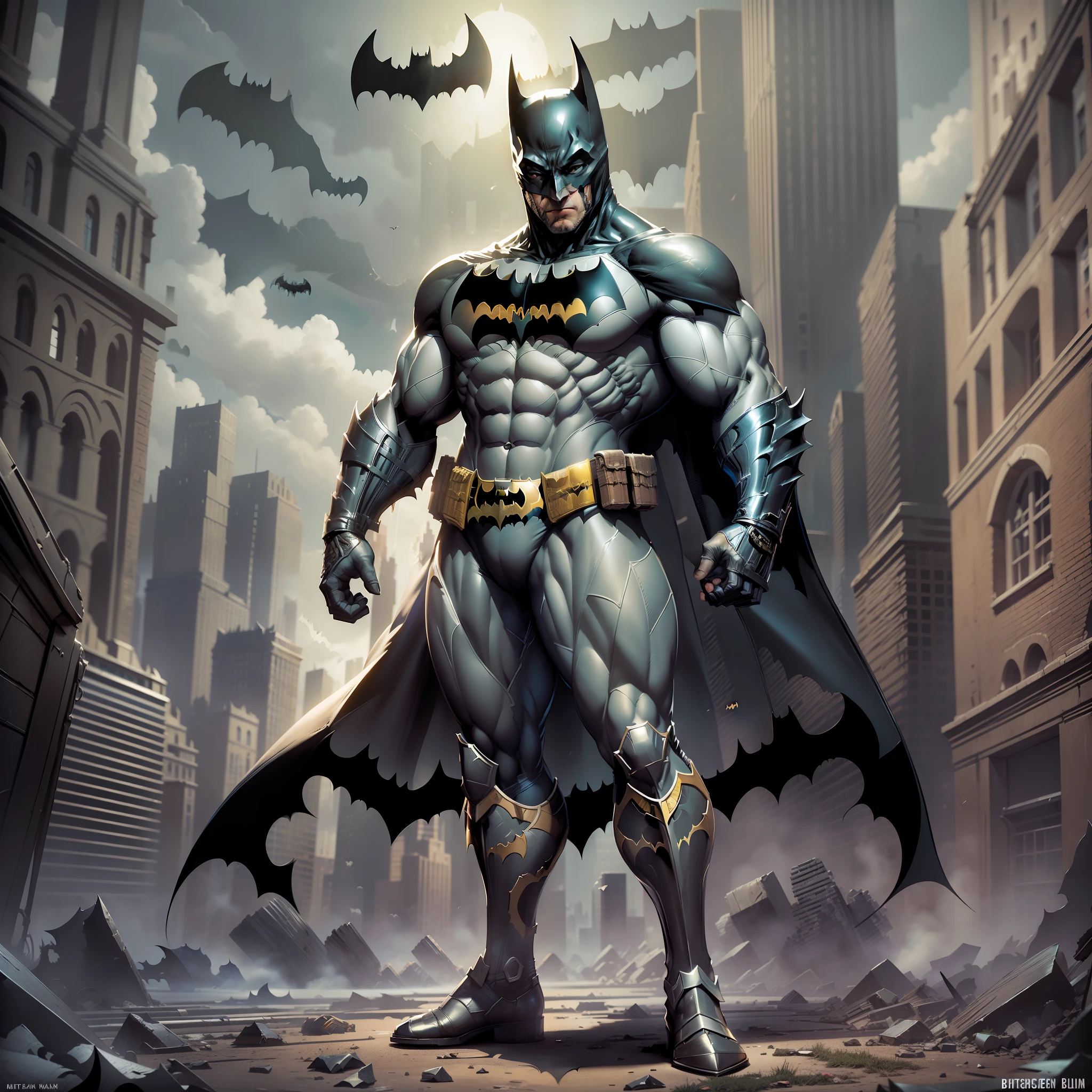 (Masterpiece, Superb Quality, Super Detailed, High Resolution), Male Focus, (((Batman))), (((Muscular Man))), (Muscle Detail))), (((Batman Armor)))) Pose for Photo, City Ruins, Background Details, (((Full Body))), (((Batman Super Sense of Greatness))