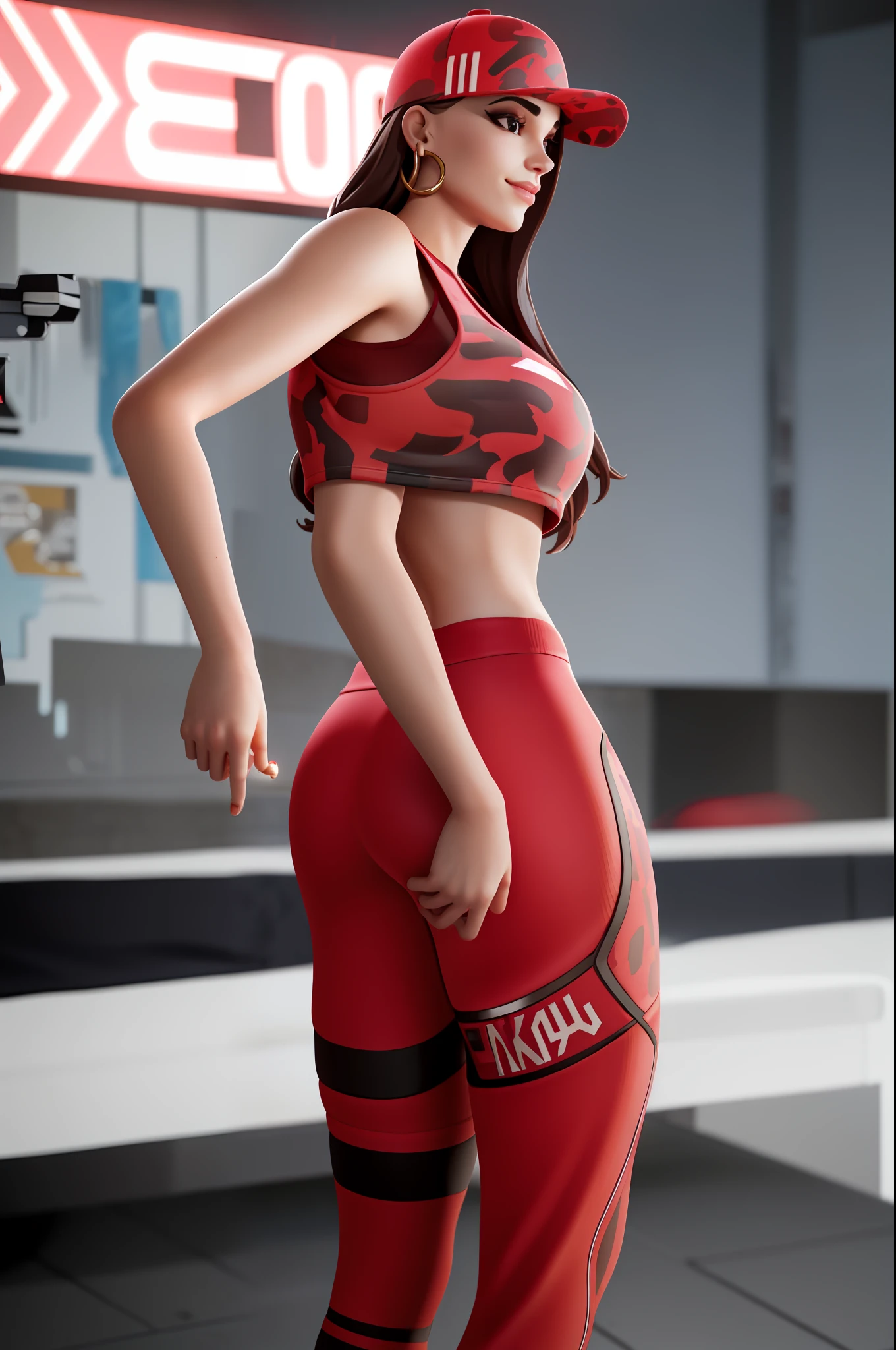 1girl, beautiful, smirk, wearing a hat, earrings, red camo sweatshirt, red_legwear, long hair, brown hair, mascara, nose lips, standing, midriff, naval, earrings, (realistic:1.5), cyberpunk, neon city, neon lights, 3d, cgi, volumetric lightning