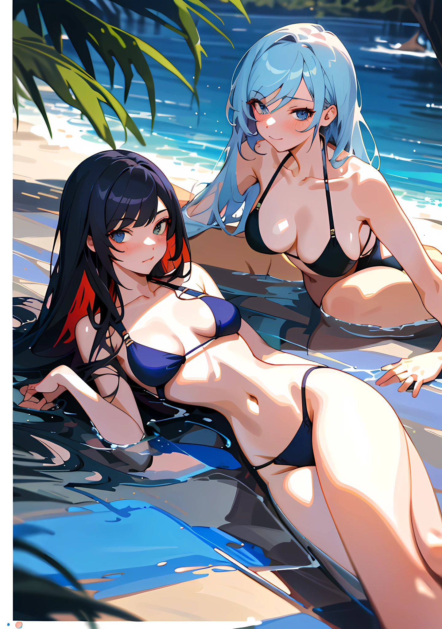 "Gorgeous and high-quality, highly detailed NSFW masterpiece that features two charming girls in their bikinis laying down. One girl seems shy while the other is showing off her chest and panties, creating a seductive atmosphere." medium breasts