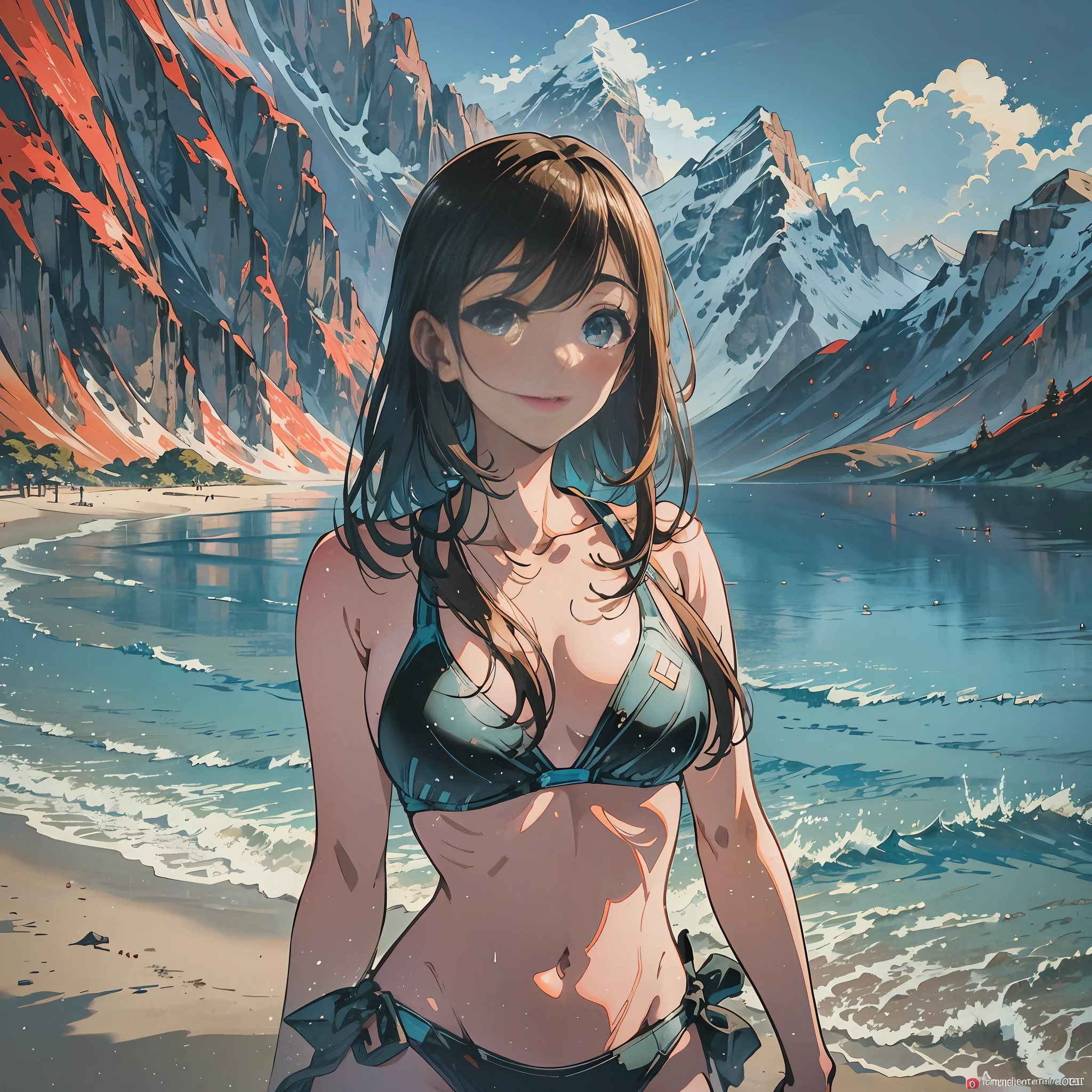Standing on the beach taking selfie, posing on the beach with the sea, against the background of the mountains, real photo, on a tropical beach, standing near the beach, 30 year old woman of Keiko Kitagawa in a closed swimsuit, having a lot of fun, mountain in the background, mountain in the background, beach in the background, mountain in the background, mountains in the background, anime, realistic animation style, --auto --s2