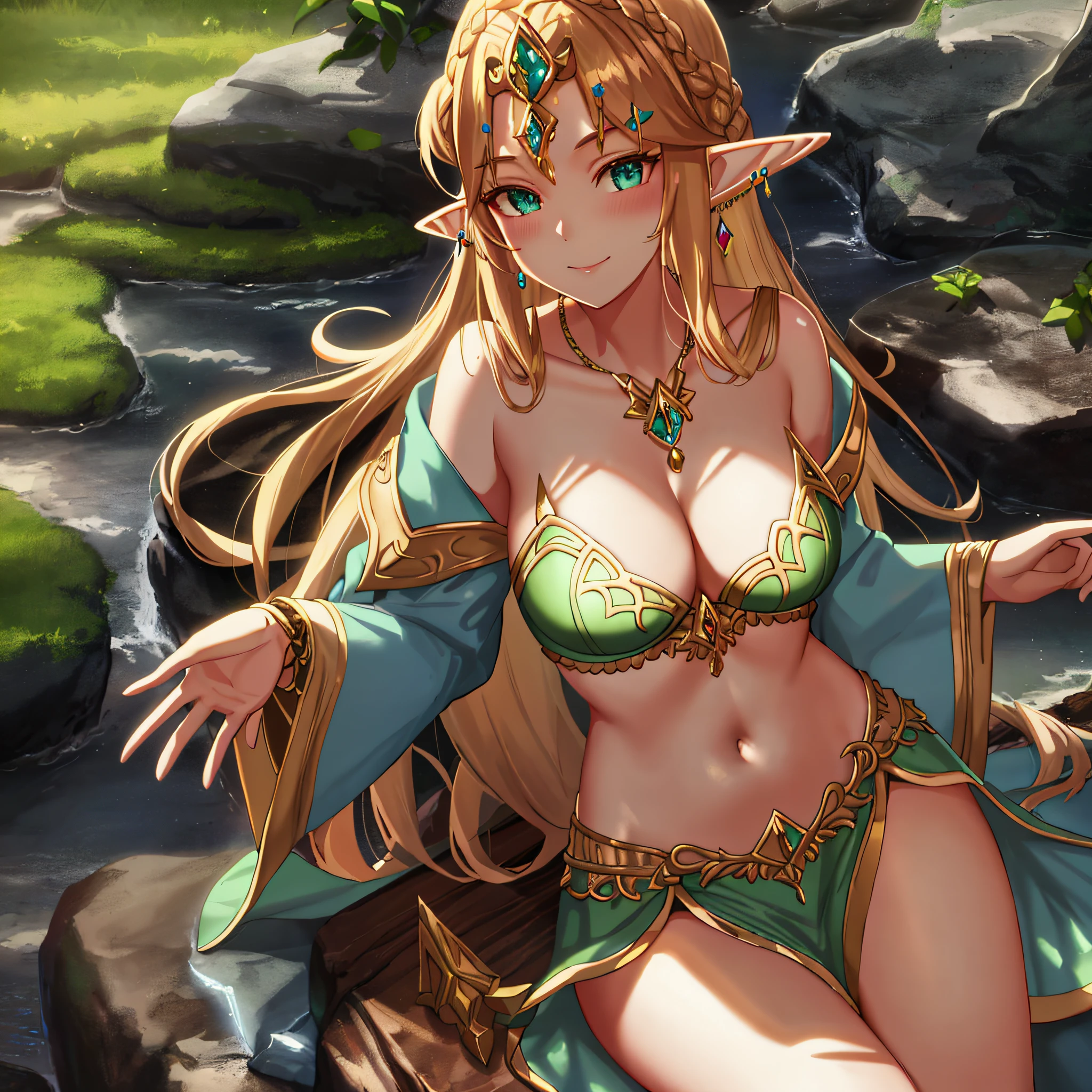 ZeldaBOTW, princess zelda, 1girl, jewelry, pointy ears, blonde hair, crown braid, long hair, triforce, solo, earrings, strapless, bare shoulders, bare stomach, bikini, braid, strapless bikini, large breasts, necklace, bracelet, upper body, blue eyes, armlet, looking at viewer, smile, thick eyebrows, alternate costume, hair ornament, hairclip, collarbone BREAK BREAK Procedural landscape generation, fantasy-specific post-processing effects, advanced cloud shading, dynamic foliage, adaptive environment reflections, light probes, multi-bounce indirect lighting, color harmony BREAK High-quality normal mapping, subsurface scattering v2, eyelid shadows, lip compression, dynamic facial asymmetry, translucency, backscattered light, artistic portrait lighting