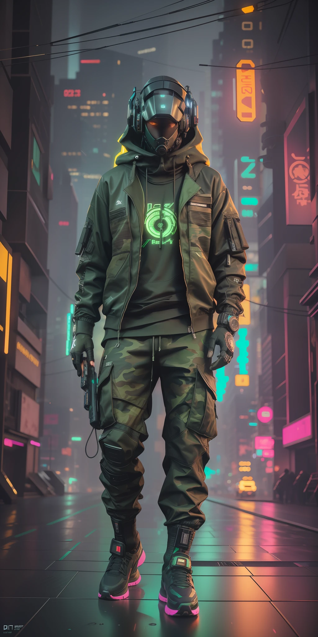 (masterpiece, full body shot, intricate raw photography) Cyberpunk citizen, comfortable super oversized asymetrical
green camouflage pattern techwear jacket, black hoodie, black cargo pants, black clothing, dark, wearing a futuristic black helmet high-tech, aerodynamic, intricate, futuristic, advanced technology, dark environment, dramatic, light and shadow, cinematic, action movie, sharpness, random relaxed position, cyberpunk city, street neon lights, dark street, night, insta photo, photo of the year, octane render, substance, Maya 3D, cinema4D, ArtStation Trending, Devian Art Trend,