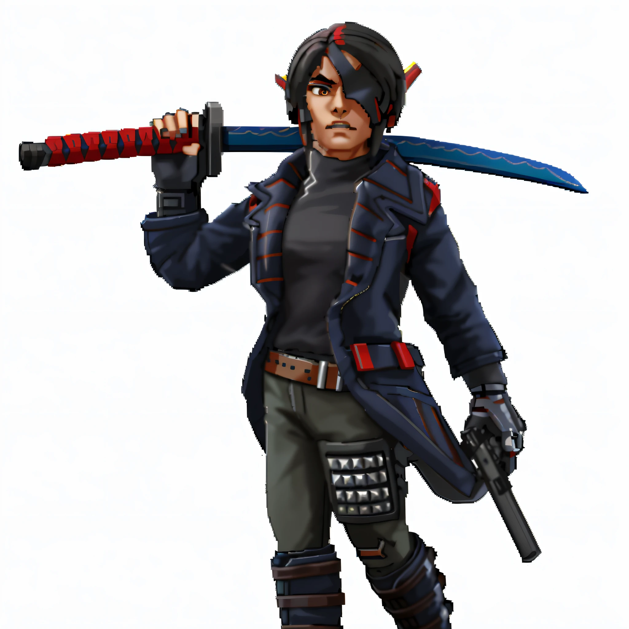 a close up of a person holding a sword and a sword, katana zero video game character, hiro, masamune shiro, starfinder character, with large sword, dramatic wielding katana pose, jett from valorant, katana, official character art, full body close-up shot, maxwell render, natalie from epic battle fantasy, caleb from critical role