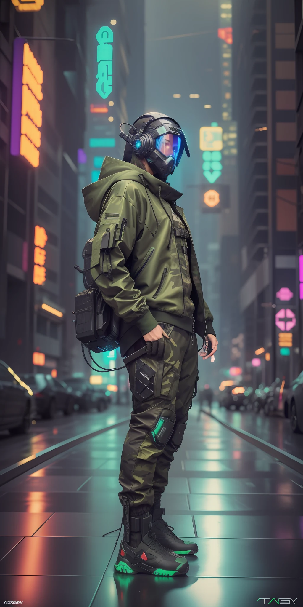 (masterpiece, full body shot, intricate raw photography) Cyberpunk citizen, comfortable super oversized asymetrical  
green camouflage pattern techwear jacket, black hoodie, black cargo pants, black clothing, dark, wearing a futuristic black helmet high-tech, aerodynamic, intricate, futuristic, advanced technology, dark environment, dramatic, light and shadow, cinematic, action movie, sharpness, random relaxed position, cyberpunk city, street neon lights, dark street, night, insta photo, photo of the year, octane render,  substance, Maya 3D, cinema4D, ArtStation Trending, Devian Art Trend,