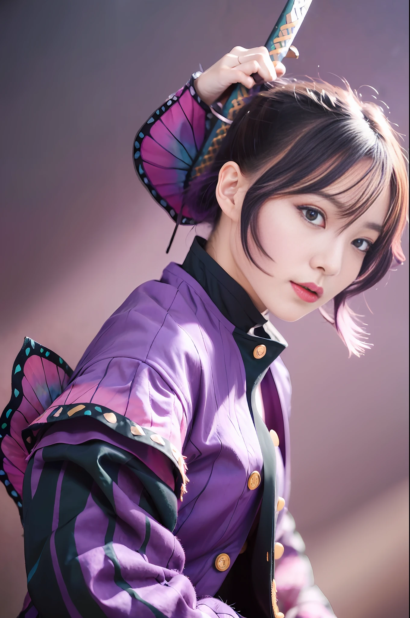 masterpiece, best quality, highres, 1girl, solo, kochou shinobu, butterfly hair ornament, purple eyes, multicolored hair, short hair, parted bangs, haori, wide sleeves, long sleeves, black pants, black jacket, belt, cowboy shot, holding weapon, sword