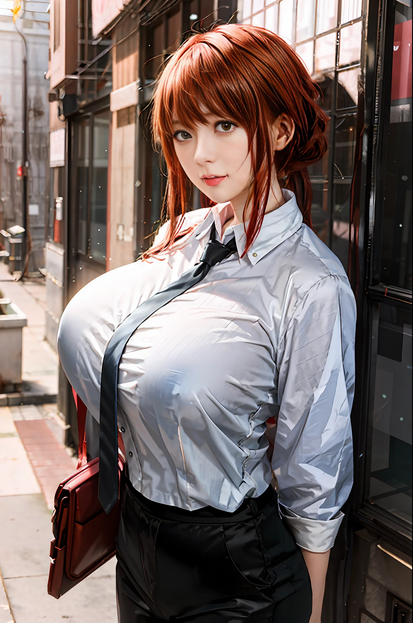 Realistic anime girl with red hair and a tie standing in front of a building, seductive anime girl, kurisu makise steins gate anime, attractive anime girl, smooth anime cg art, asuka suit under clothes!, makoto shinka, biomechanical oppai, 4 k manga wallpaper, [ 4 k digital art ]!!, realistic anime artstyle