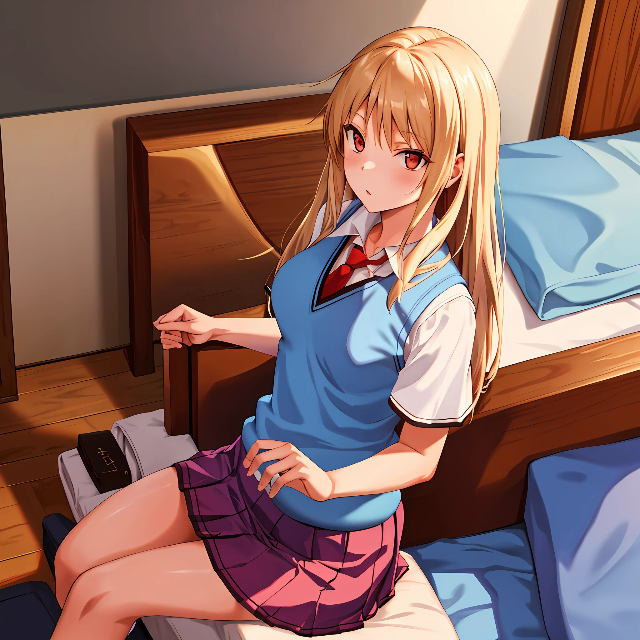 masterpiece, best quality, highres, mashi1, solo, school uniform, red tie, pleated skirt, shirt, white socks, short sleeves, sweater vest, breasts, cowboy shot, flushed, sitting on knees, in bed