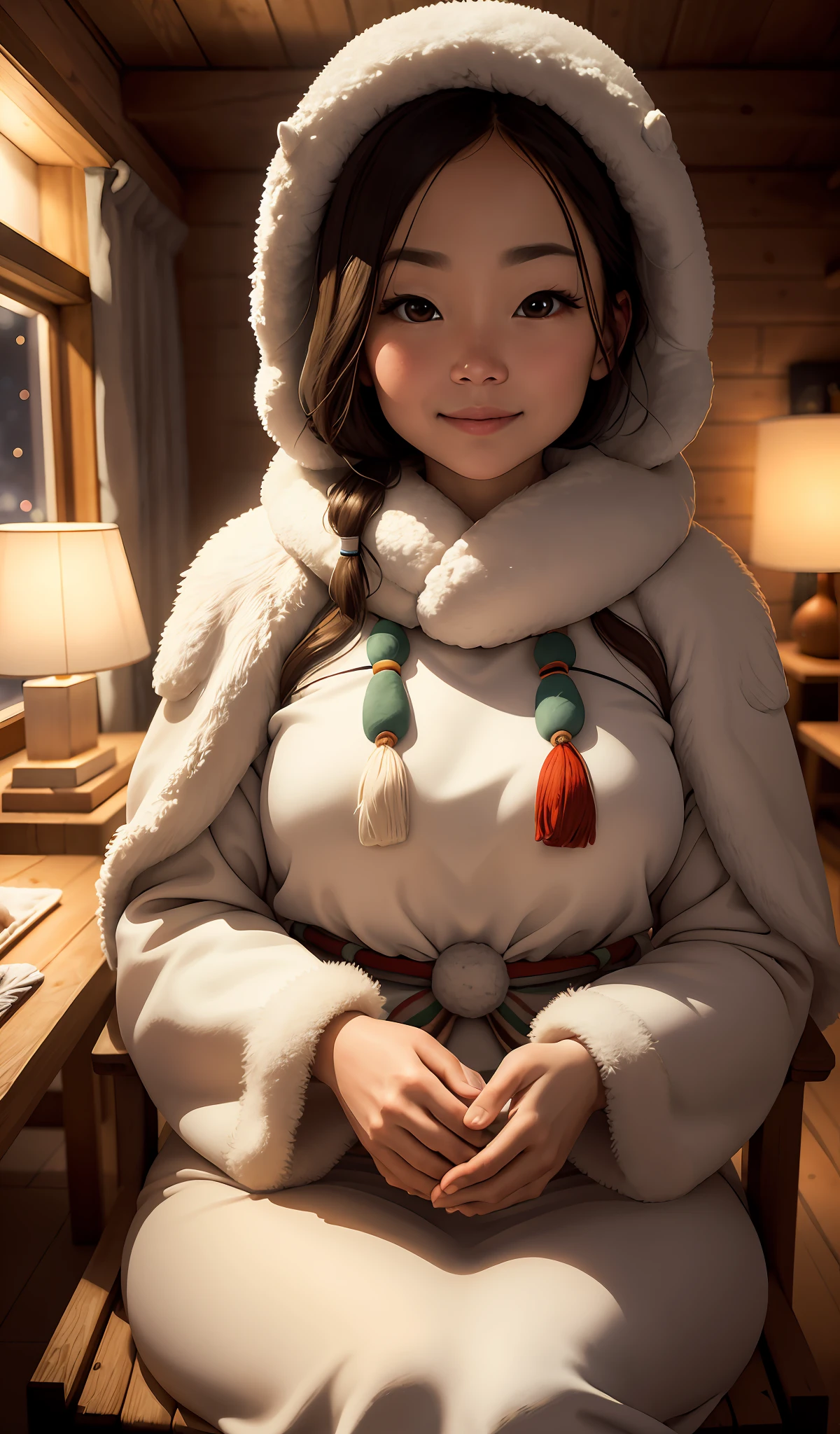 masterpiece, better quality), seated Eskimo, igloo interior, hand under breasts, lights warm lighting, Inuit dress, a blurred foreground