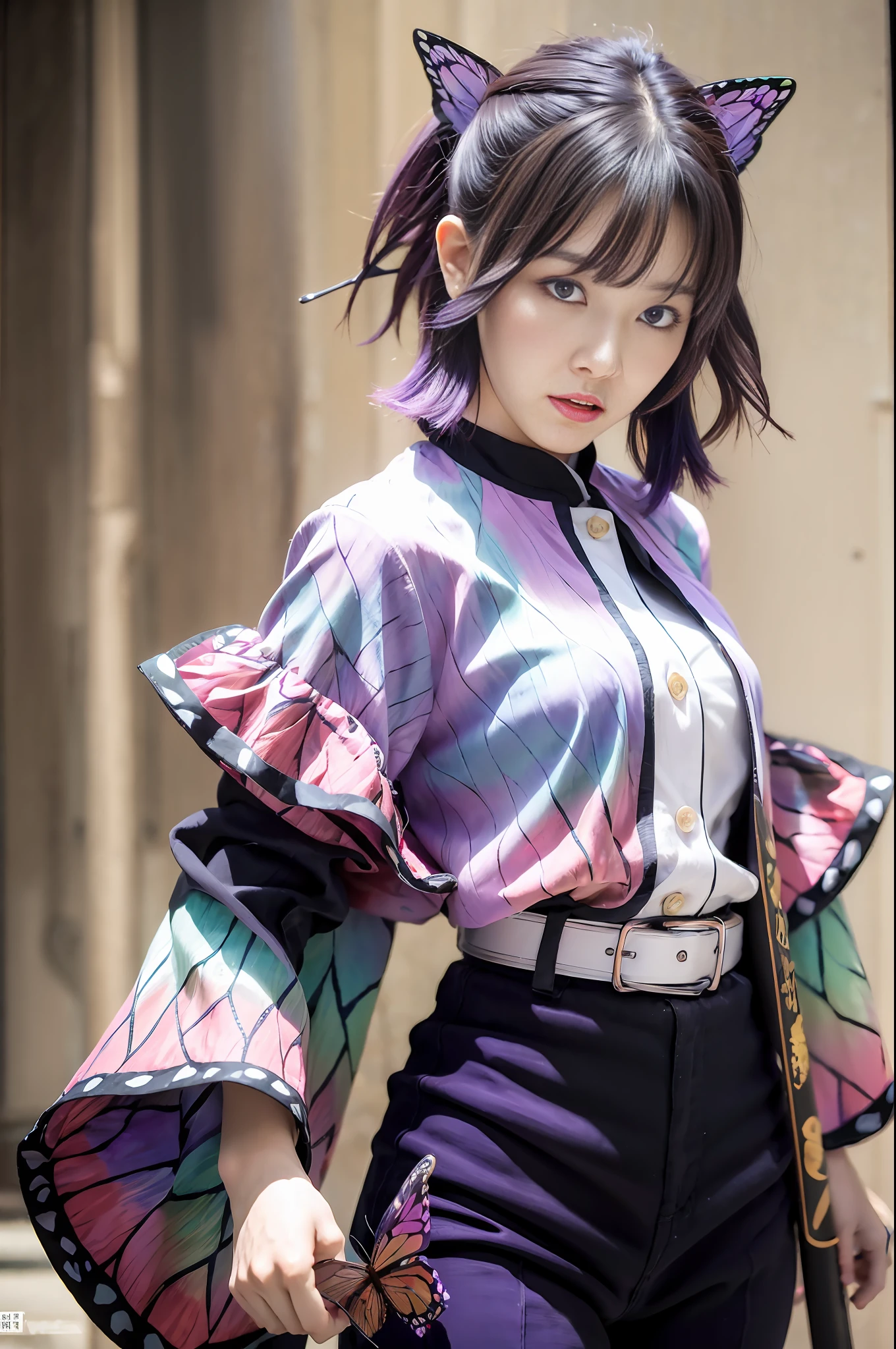 masterpiece, best quality, highres, 1girl, solo, kochou shinobu, butterfly hair ornament, purple eyes, multicolored hair, short hair, parted bangs, haori, wide sleeves, long sleeves, black pants, black jacket, belt, cowboy shot, holding weapon, sword