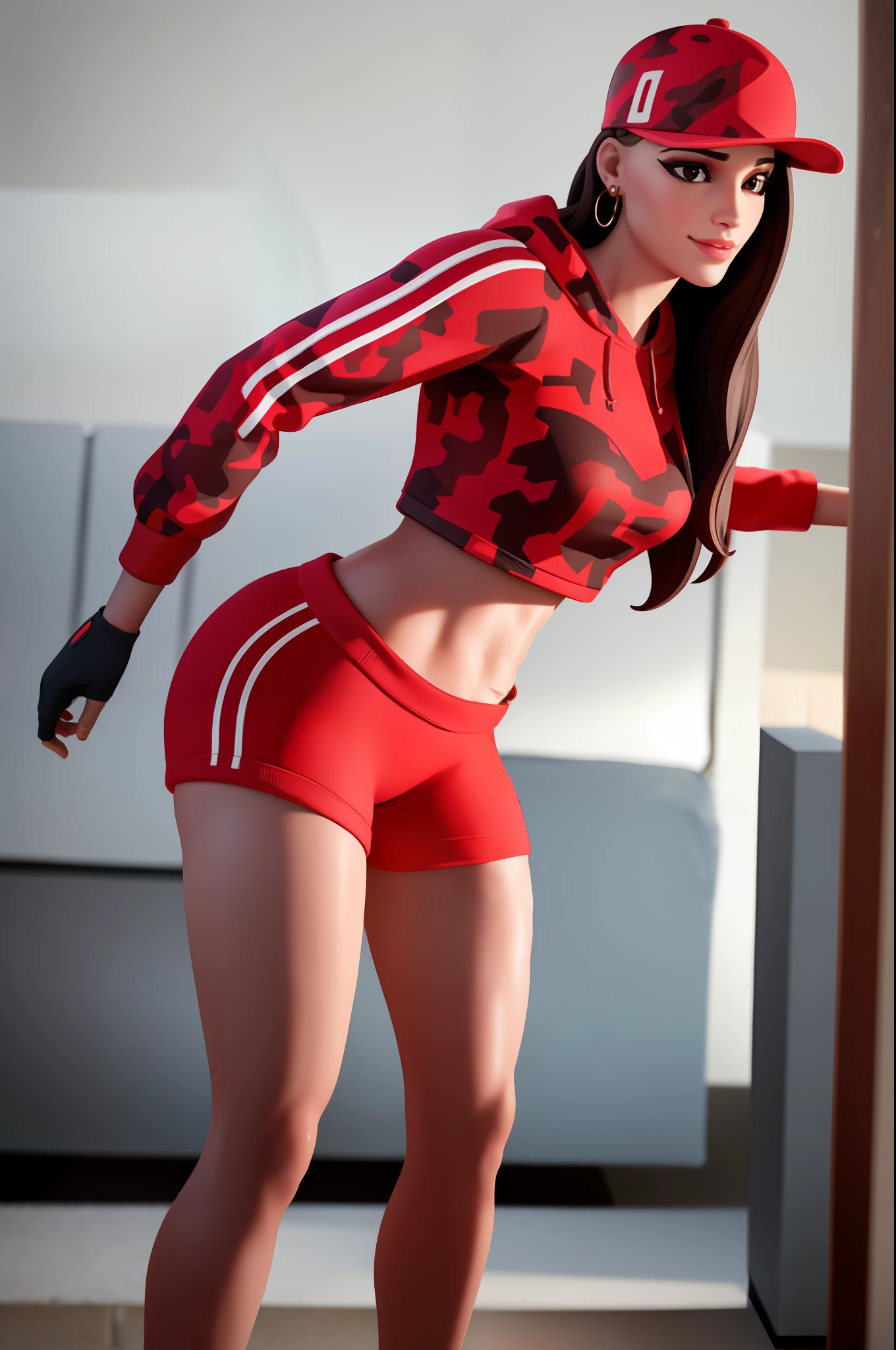 1girl, beautiful,  smirk, wearing a hat, earrings, red camo sweatshirt, red_legwear, long hair, brown hair, mascara, nose lips, standing, midriff, naval, earrings, (realistic:1.5), cyberpunk, neon city, neon lights, 3d, cgi, volumetric lightning, naked,