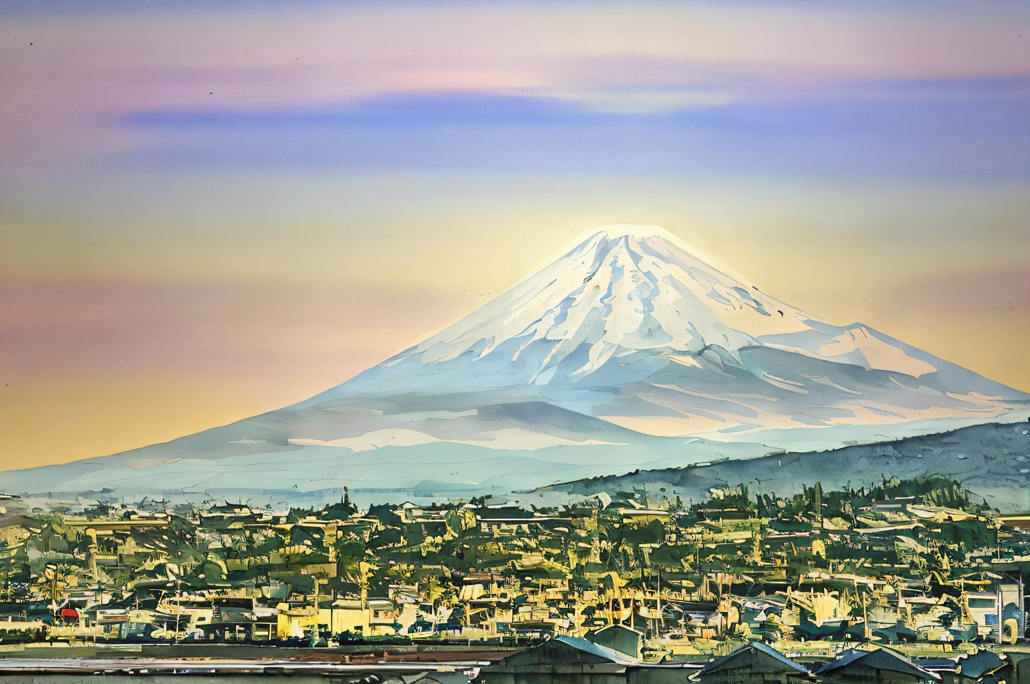 Mount Alafed in the distance and small town in the foreground, Mount Fuji, Mt. Fuji in the background, Mount Fuji in the background, Mount Fuji background, Mount Fuji background, Mount Fuji background, Mount Fuji sunrise, volcano in the background, volcano in the background, volcano in the background, mountain in the background, emotional