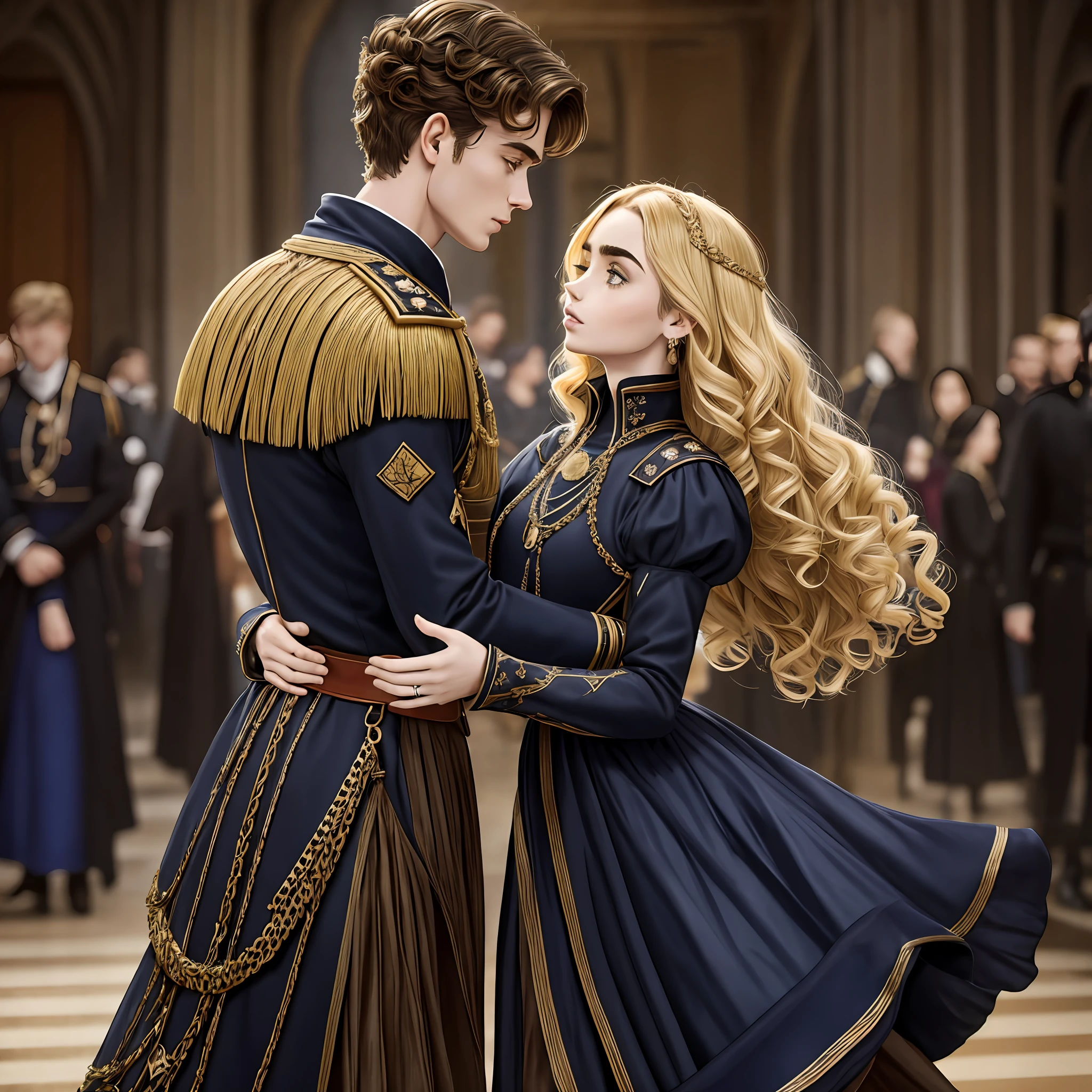 Lily Collins, who has curly black hair, wears a navy blue medieval dress. the Neels Visser wears a medieval military outfit and has blonde hair. The couple is waltzing in the ballroom filled with couples --auto --s2