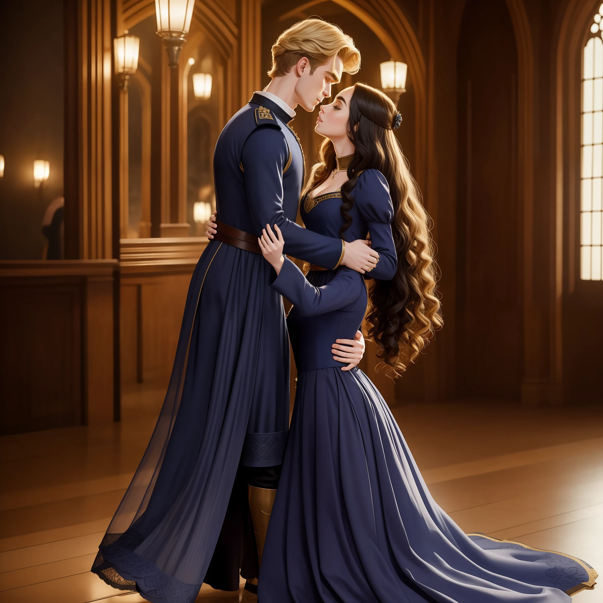 Lily Collins, who has curly black hair, wears a navy blue medieval dress. the Neels Visser wears a medieval military outfit and has blonde hair. The couple is waltzing in the ballroom filled with couples