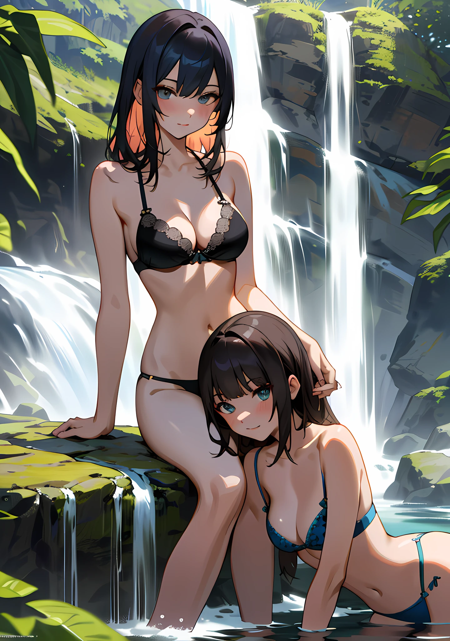 "Gorgeous and high-quality, highly detailed NSFW masterpiece that features two charming girls in their bikinis sitting near a waterfall. One girl seems shy while the other is showing off her bra and panties, creating a seductive atmosphere." medium breasts
