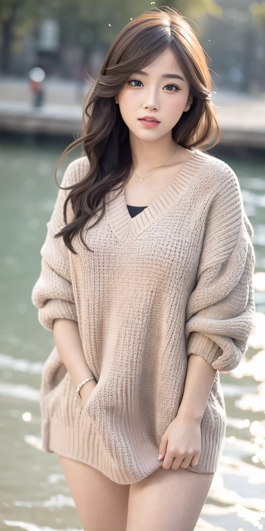 1girl walking on the river, mix4, sweater, pillow, lips, open_mouth, realistic, photo_\(medium\), solo, stuffed_animal, stuffed_toy, teddy_bear,(masterpiece),(photorealistic:1.3), ultra-detailed, (high detailed skin:1.2),(best quality:1.0), (ultra highres:1.0), (ulzzang-6500:0.3), wavy detailed hair, long hair, sunshine, (beautiful detailed makeup), (sexually aroused blushing heavy breathing:1.0), floral theme flower petals scattered, (soft glow bloom:0.5)