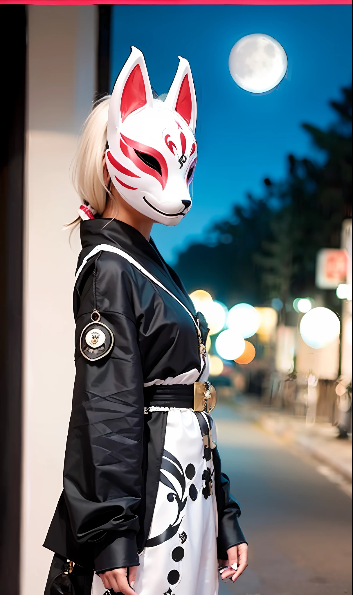 Fox Mask Person wearing fox mask on face, woman, white fox mask, jet black long coat, shorts, hair fluttering, full moon, moonlit night