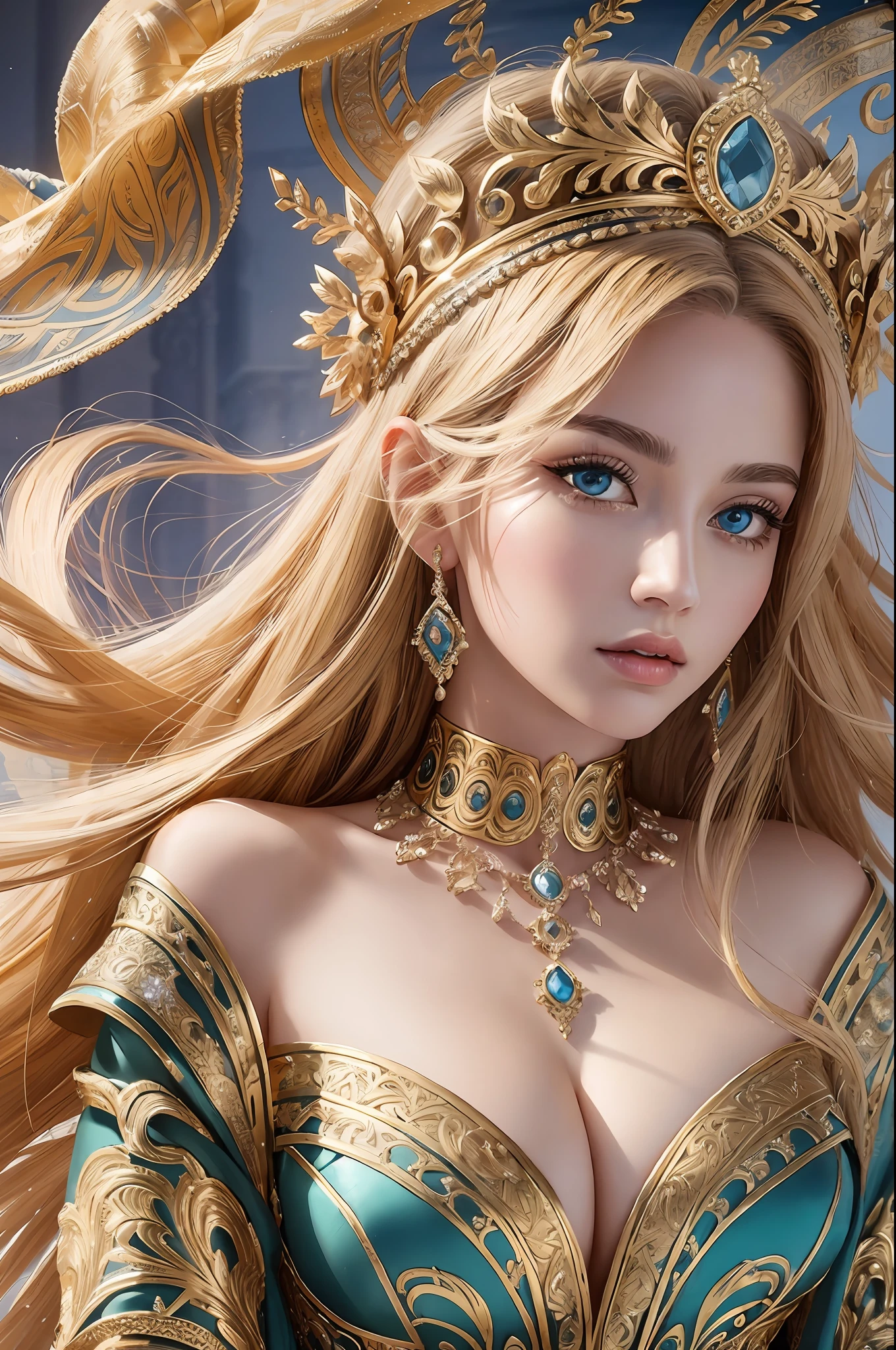 Absurd, ultra-detailed, high quality, masterpiece, detailed face, beautiful eyes(detailed eyes), Greek mythology, Goddess, Hera , the queen of the gods, striking and captivating, features are classically beautiful, with high cheekbones, a perfectly proportioned face, eyes depicted as large and captivating, hold an intense gaze, Her golden hair is luxuriant and flowing, cascading down her back in waves , wearing elegant robes adorned with intricate patterns , Her beauty is not merely superficial but embodies the essence of power, authority, and regality.