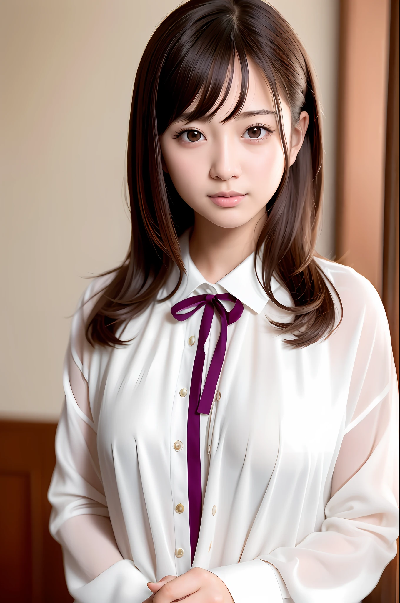 masterpiece, best quality, high quality, beauty, Japan, Japan schoolgirl, popular korean makeup, detail, swollen eyes, detailed eyes, detailed skin, beautiful skin, ultra high definition, (reality: 1.4),very beautiful, little young face, beautiful skin, slender, (ultra realistic), (illustration), (high resolution), (8K), (very detailed), (best illustration), (beautifully detailed eyes), (super detailed), ( Wallpaper), (detailed face), looking at the viewer, fine details, detailed face, pureerosfaceace_v1, smile, facing straight ahead, angle is from waist up, realistic photo, bright lighting, professional lighting, brown hair, daily life, living room, clear weather outside the window, Nogizaka 46-ish costume, Saito Asuka,
