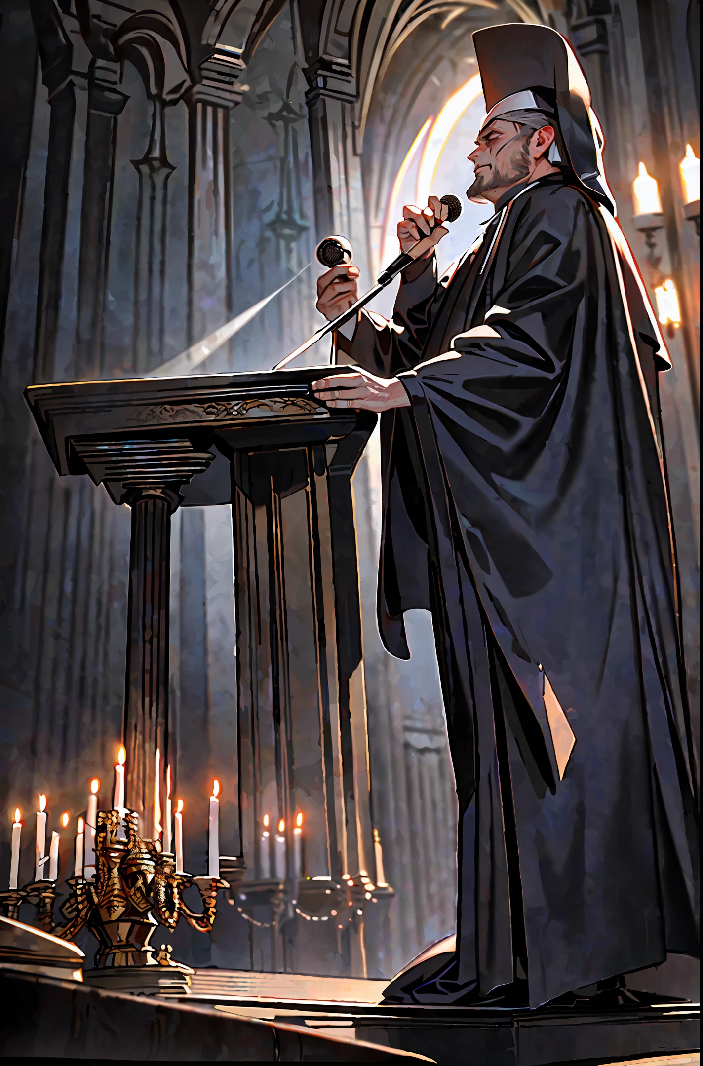 Create for me an image of the lead singer of the behemoth as a priest speaking at the altar of the Mass