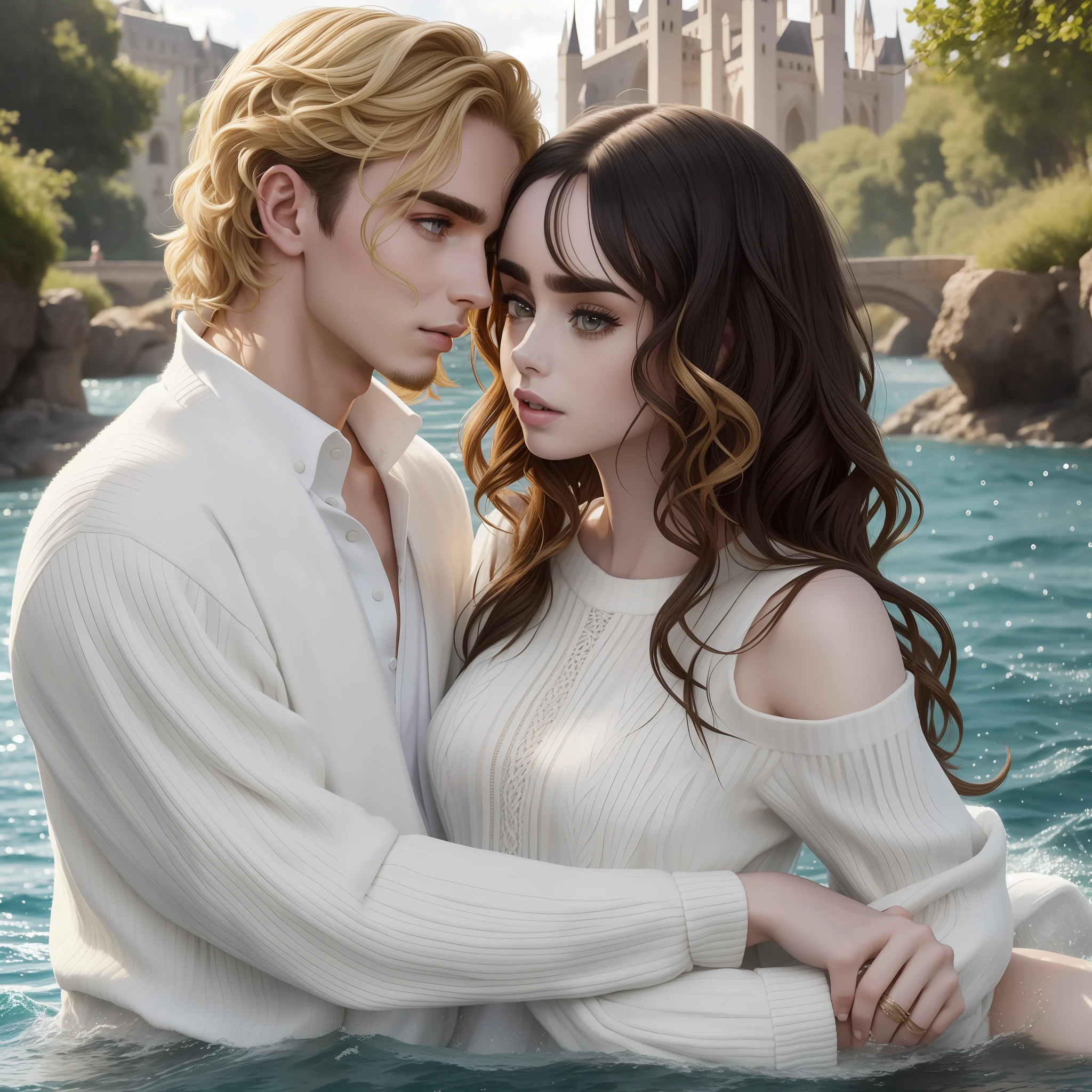 Lily Collins, who has black curly hair. wearing a white medieval sweater, Neels Visser wears a medieval white shirt and has blonde hair. The couple is swimming in the river