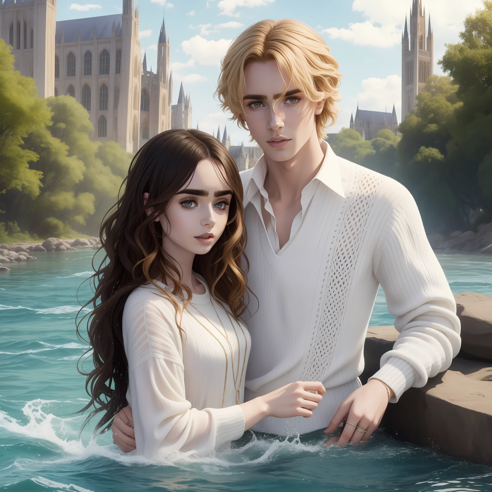 Lily Collins, who has black curly hair. wearing a white medieval sweater, Neels Visser wears a medieval white shirt and has blonde hair. The couple is swimming in the river