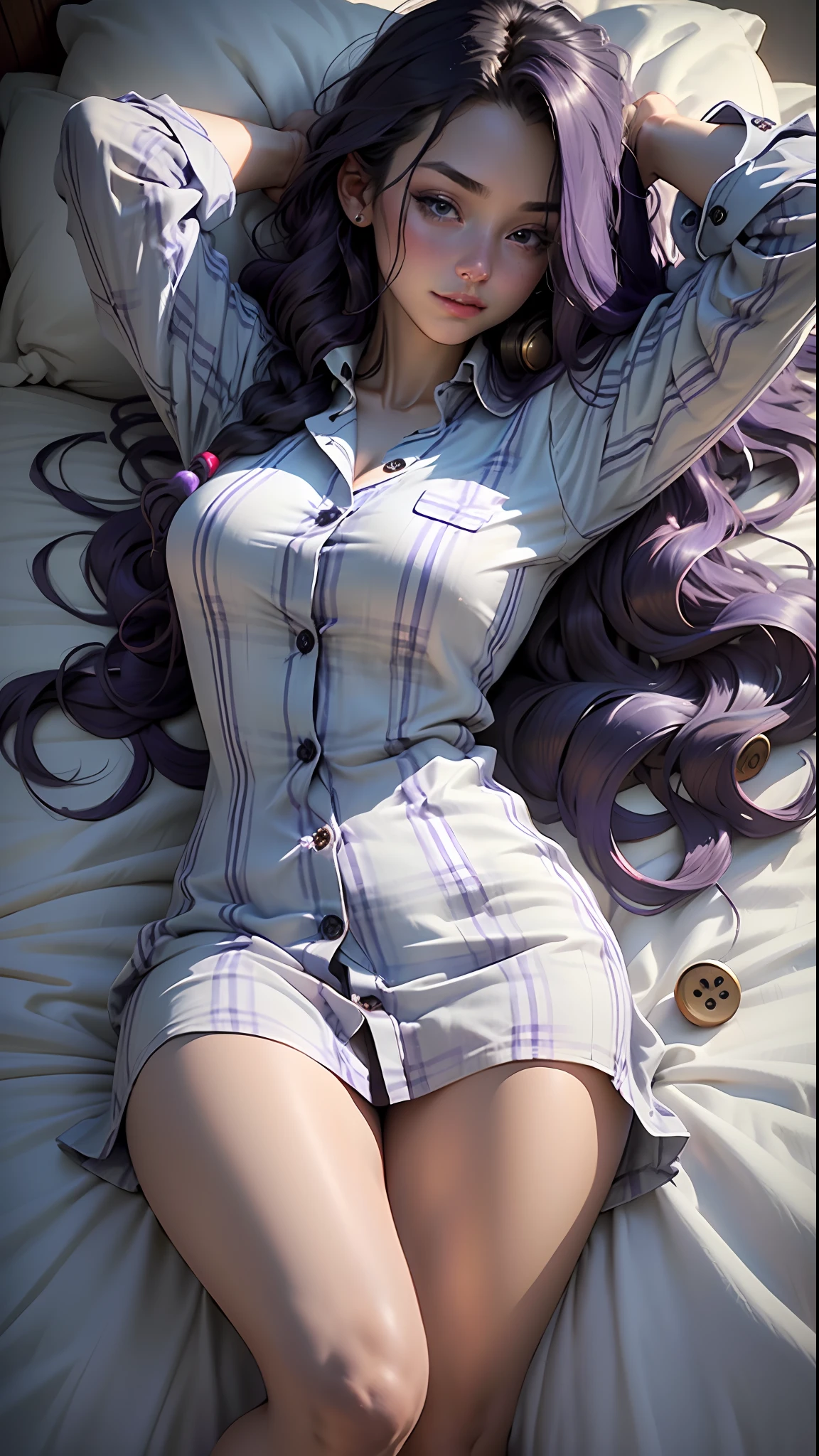 4k, realistic, charismatic, lots of detail, there is a girl(19 years old, long purple hair with locks of black hair, big breasts) in bed, wearing American pajamas (American button pajama dress, button-down sleeping dress),baby blue theme, full body, lying in bed