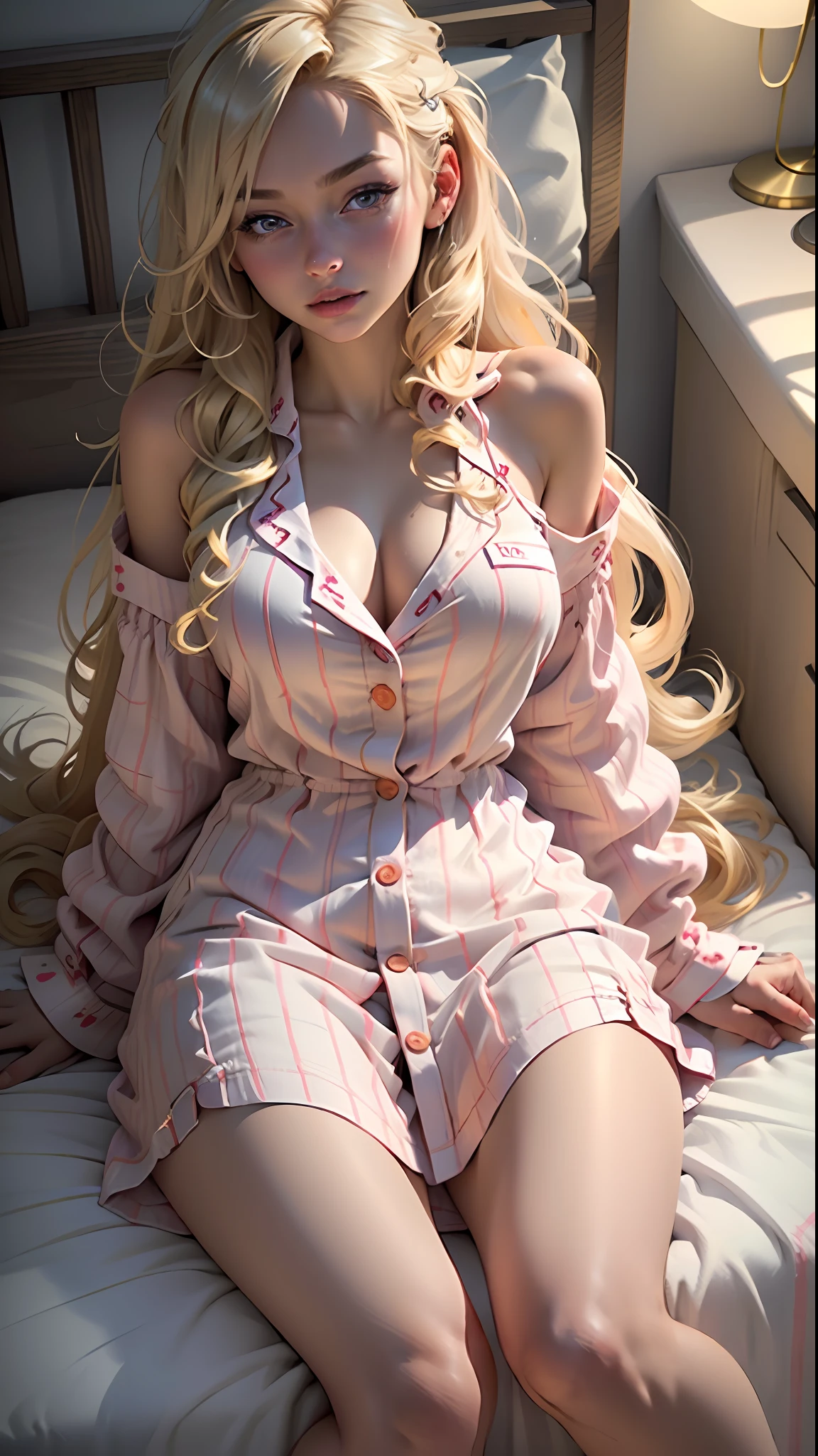 4k, realistic, charismatic, lots of detail, there is a girl(19 years old, long blonde hair with white tips, big breasts) in bed, wearing American pajamas (American button pajama dress, button-down sleeping dress),pink theme, full body, sitting on the edge of the bed