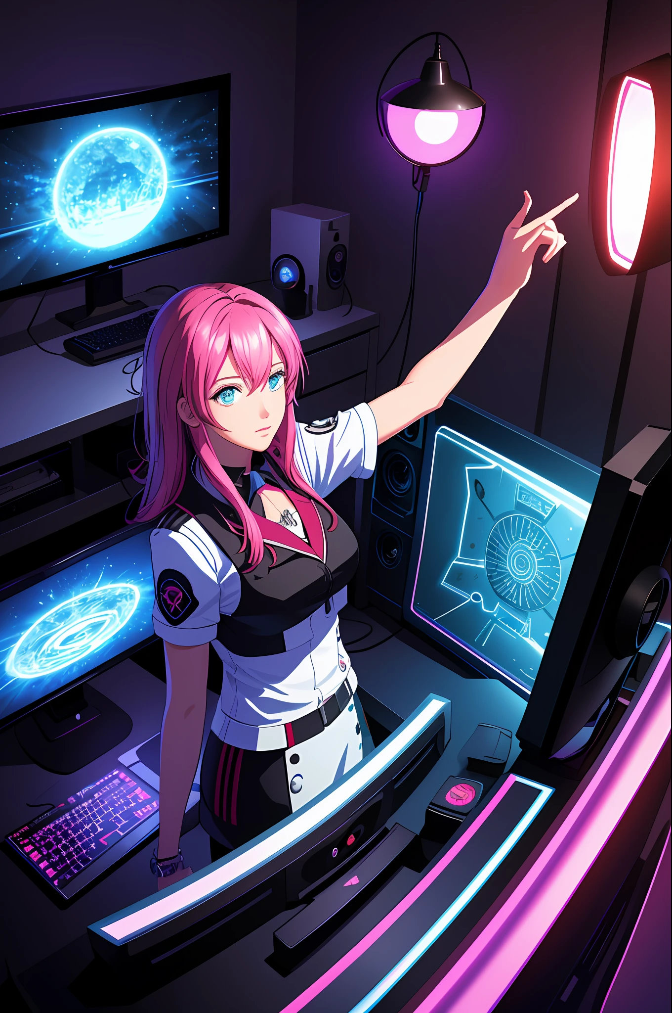(Masterpiece), (best illustration), (female), Anime background, Games bedroom, TV with large computer, Ring lighting, Rim lighting,(Highly detailed CG Unity 8k wallpaper),(Masterpiece), (Best Quality), (Vaporwave Style), (Ultra Detailed), (Best Illustration), (Best Shadow),Perfect Lighting, Perfect Anatomy, Vibrant Colors,