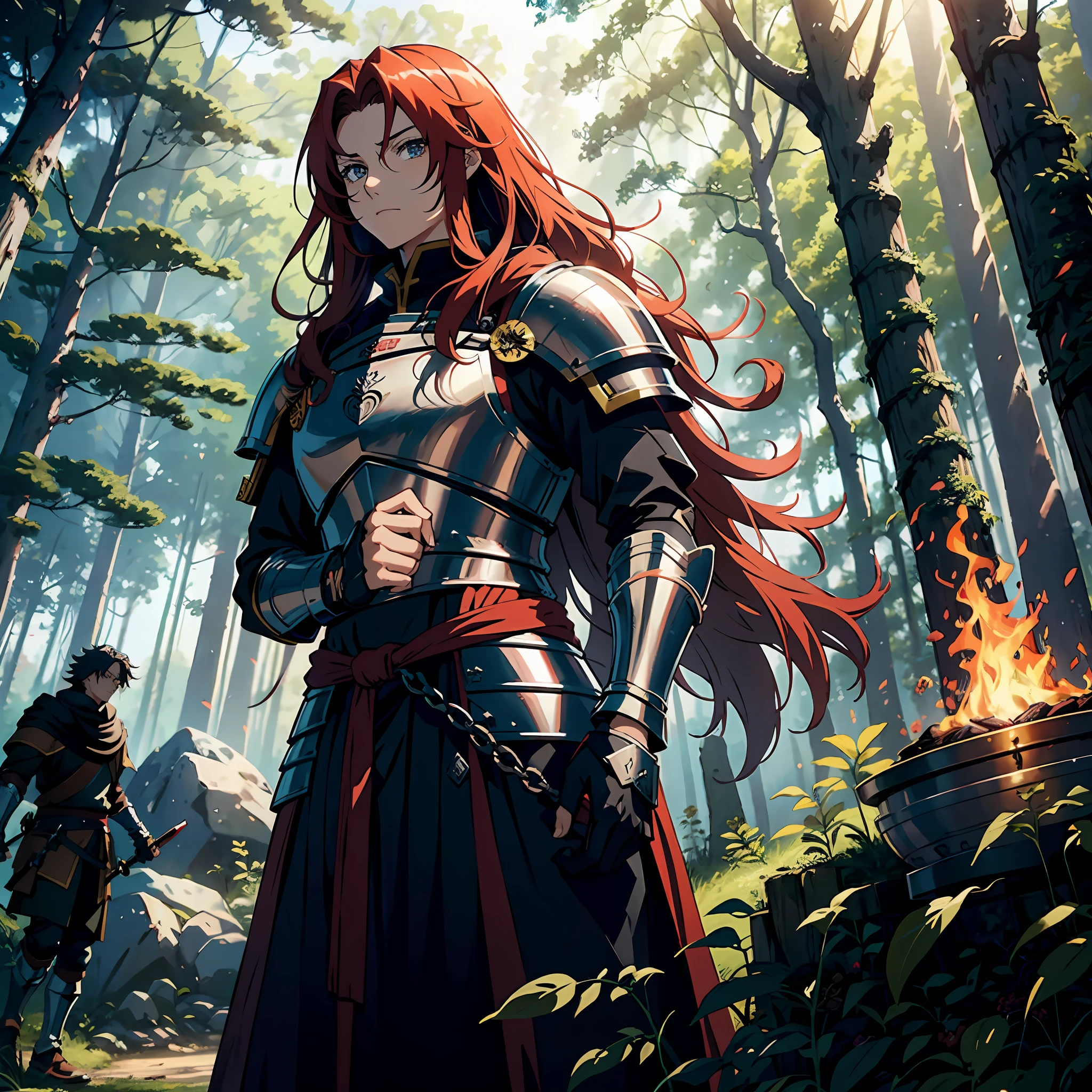 Imagine an intrepid anime-style knightly woman. His red mane cascades over his gleaming armor, as he carries an imposing sword on his back. With the direct gaze to the viewer, it radiates a mixture of courage and serenity. The scene takes place in an enchanted forest, where tall, leafy trees envelop the place. Next to it, a campfire burns with a warm and welcoming glow.