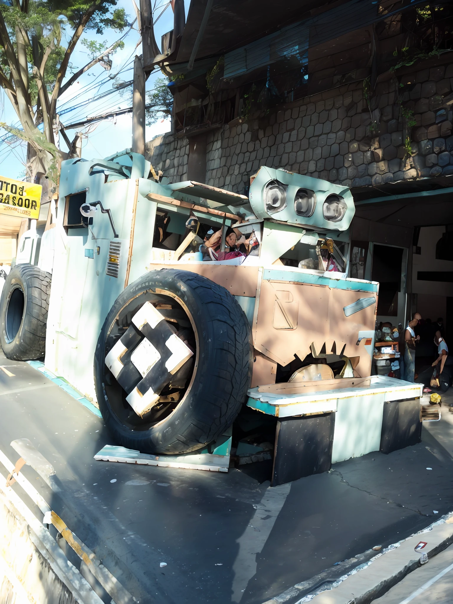 there is a fake monster truck with a tire on the back, parade floats, by Maximilian Cercha, by Matteo Pérez, sci - fi favela sculpture, by Julio González, floats carnival, made of cardboard, by Alejandro Obregón, by Americo Makk, by Juan Villafuerte, by Germán Londoño --auto --s2