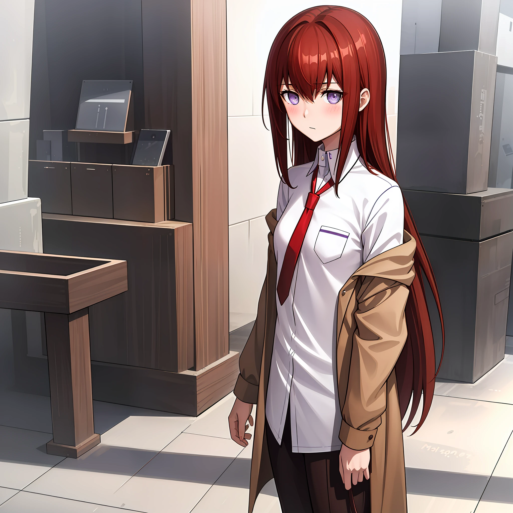 ((masterpiece,best quality,ultra detailed,8k)),brown_hair,collared_shirt,jacket,long_sleeves,makise_kurisu,standing,red_necktie,solo,1girl,white_shirt,perfect face,red_hair,purple_eyes,((blush)),upper body,(close_mouth)