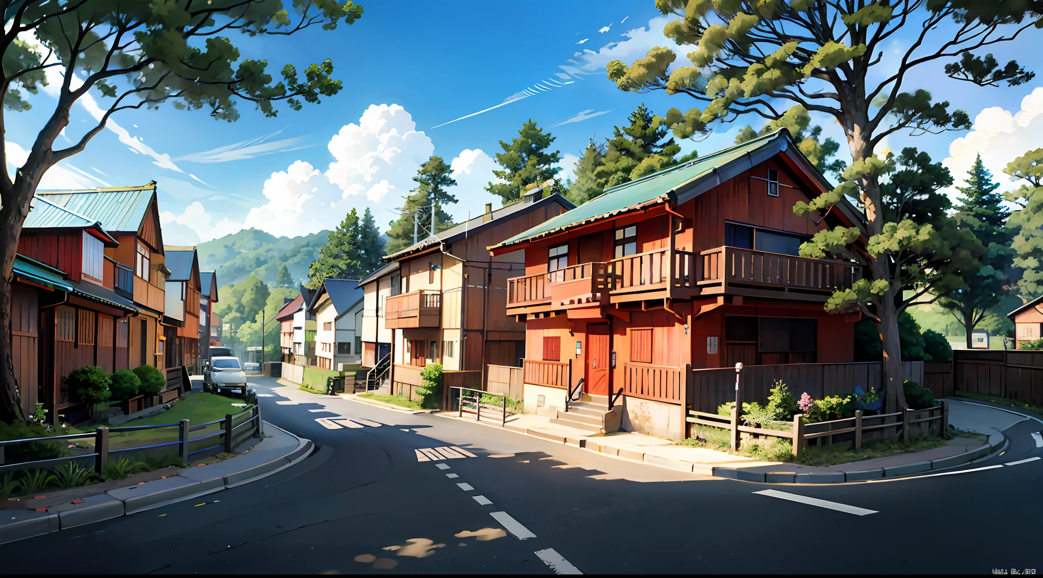 (Japanese town Landscape), (Hayao Miyazaki Style), cartoon, japanese townhouse, road, bend, small house, tree, pole, white cloud, landscape, outdoor, green trees, epic composition, realistic lighting, high-definition detail, masterpiece, the best quality, (very detailed CG unified 8k wallpaper), --v6