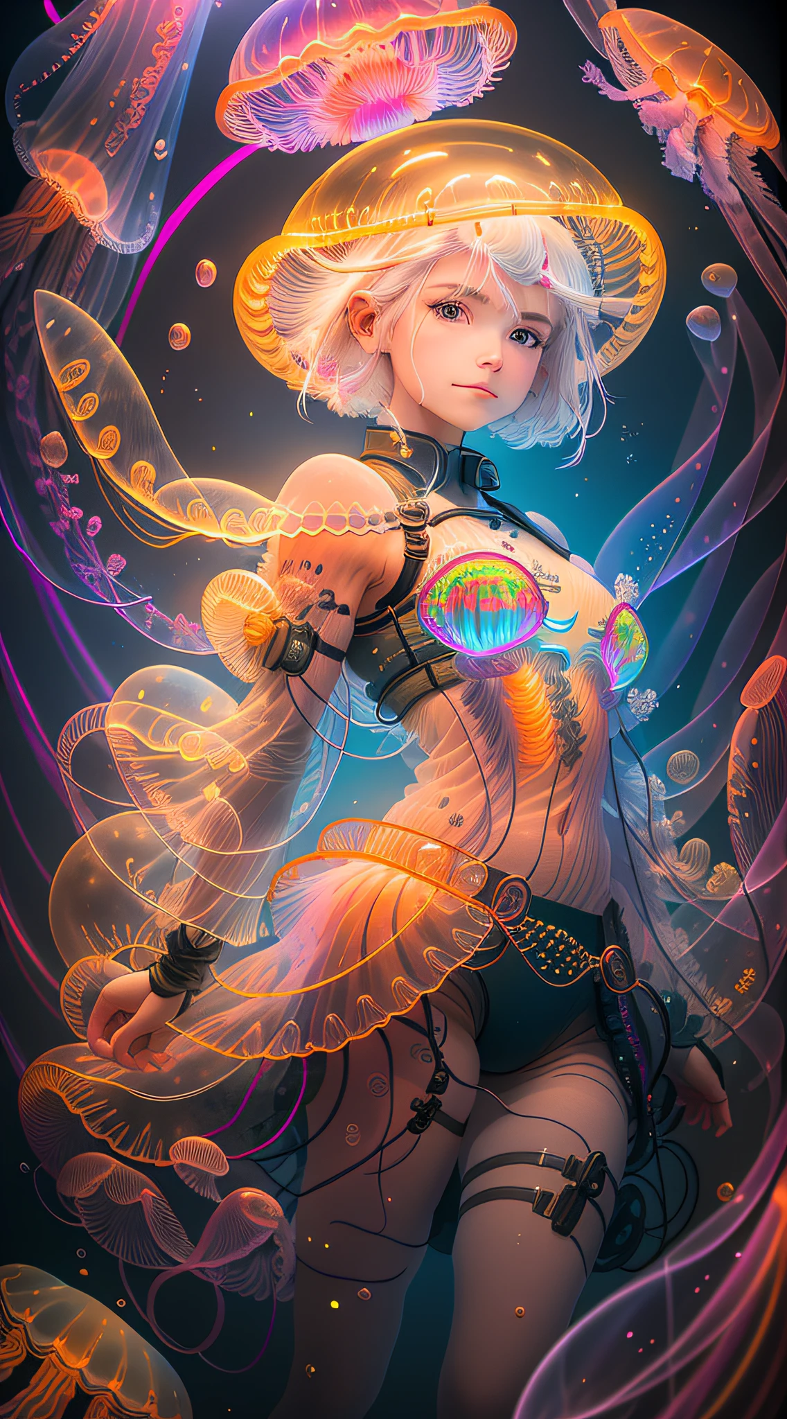 1girl, (platinum hair:1.3), (catgirl:1.1), cat ears, real tail, add_detail, masterpiece, micro bikini under translucent armor, ready to fight, armed, blue sword, in a deep dungeon, smiling, translucent armor, fighting pose, sword drawn, gravure, aroused, excited, looking at camera, fine fabric detail, (masterpiece:1.2), (best quality:1.2), (extremely detailed:1.2), (extremely detailed face), (ultra detailed), 8k,Niji Pride,  large translucent round jellyfish bra, large breasts, translucent leg armor, translucent round jellyfish panties, translucent round jellyfish head cover, thick thighs, bbw, translucent round jellyfish on each breast, translucent round jellyfish on crotch, translucent round jellyfish on each shoulder, translucent round jellyfish covering head,octane render, hdr, (hyperdetailed:1.15), (soft light, sharp:1.2), beautiful, realistic,1 woman mature, feminine, tall, short hair, beautiful, eyes with fine details, look at the viewer, beautifully curved, guweiz,