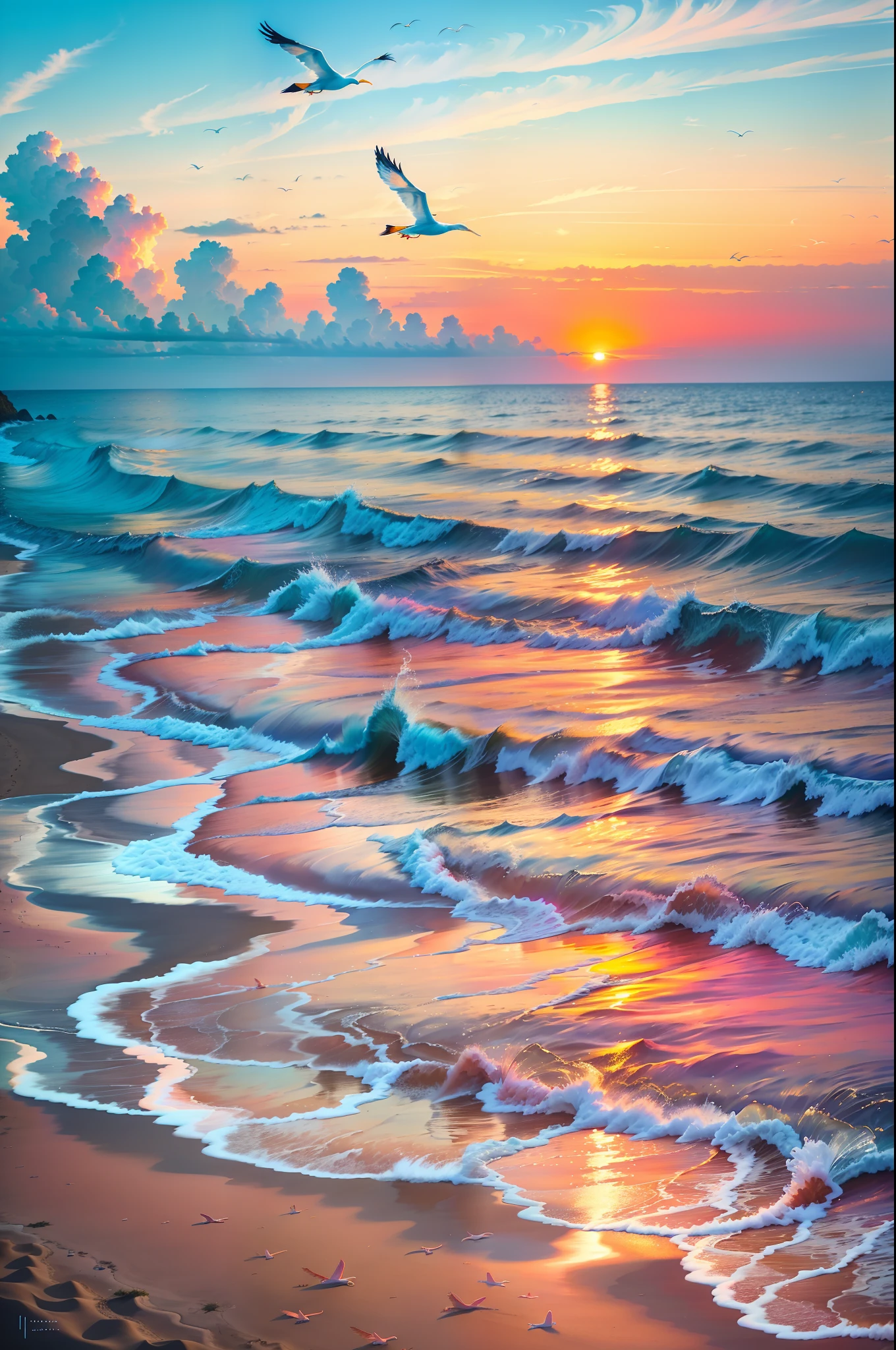 Absolutely mesmerizing sunset on the beach with a mix of orange, pink, a white boat and yellow filling the sky. The sea water is crystal clear, kissing the coast gently, and the white sandy beach is endless. The scenes are action-packed and breathtaking, with seagulls soaring high in the sky and palm trees swaying gently. Immerse yourself in the peaceful atmosphere and let the tranquility surround you.