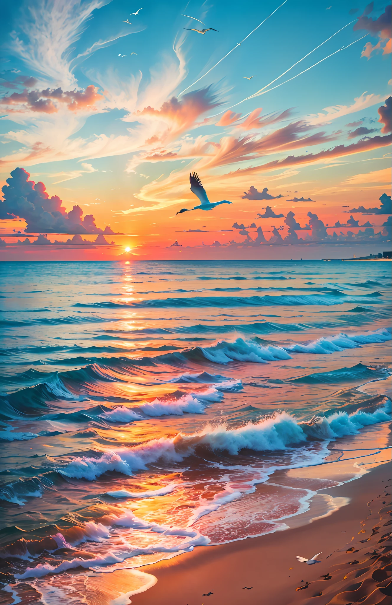 An absolutely mesmerizing sunset over the beach, with a blend of oranges, pinks, and yellows filling the sky. Crystal-clear waters of the sea gently kissing the shore, with sandy white beach stretching far and wide. The scene is dynamic and breathtaking, with seagulls soaring high in the sky and gently swaying palm trees. Take in the calming atmosphere and let the peacefulness wash over you.