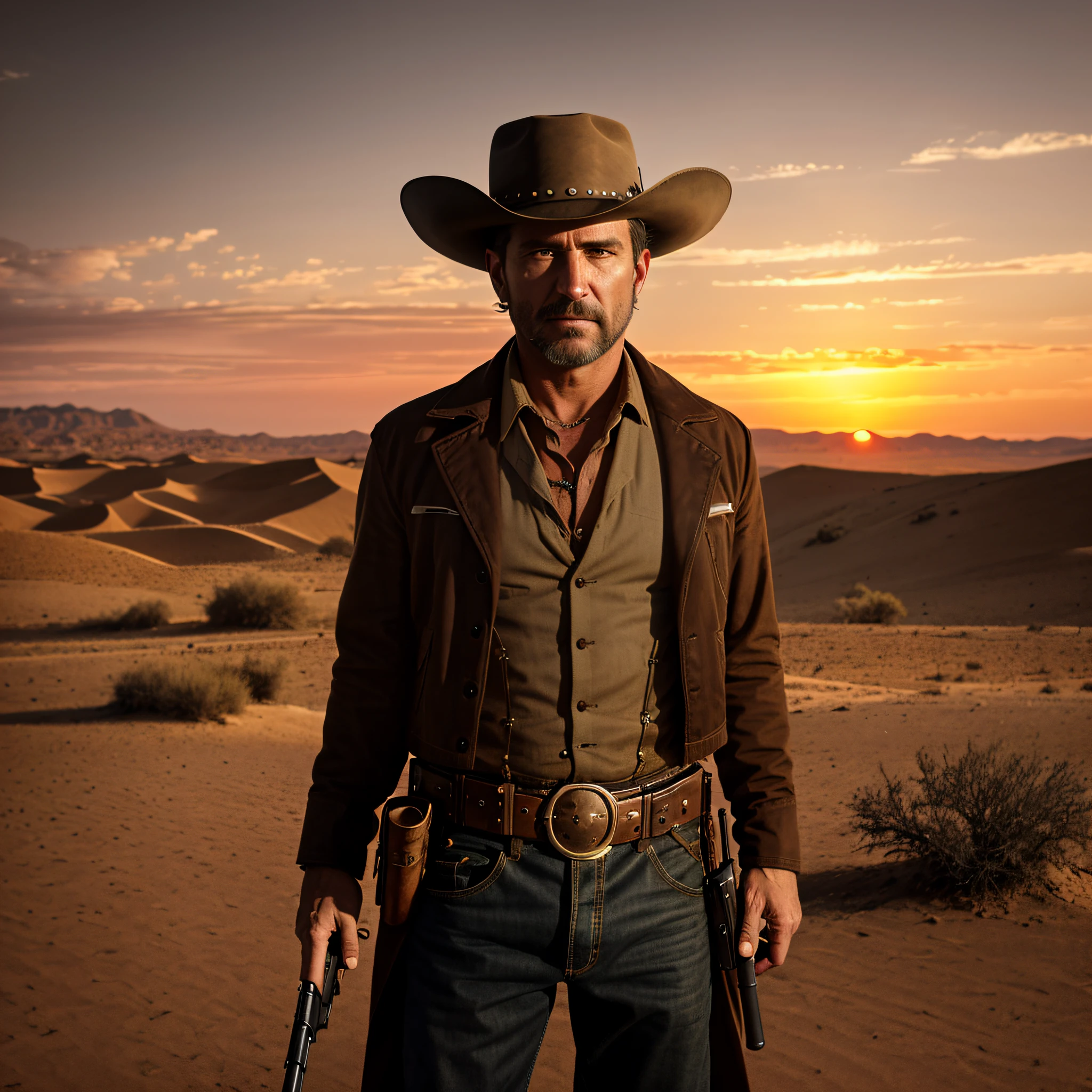 8k, award winning photography, trending on ArtStation, (cinematic), (movie), extremely detailed, cinematic lighting, wild west, desert, (sunset), 1 man, 40 year old man, the man has a hat, gunatyou, holding gun, looking at viewer, aiming at viewer