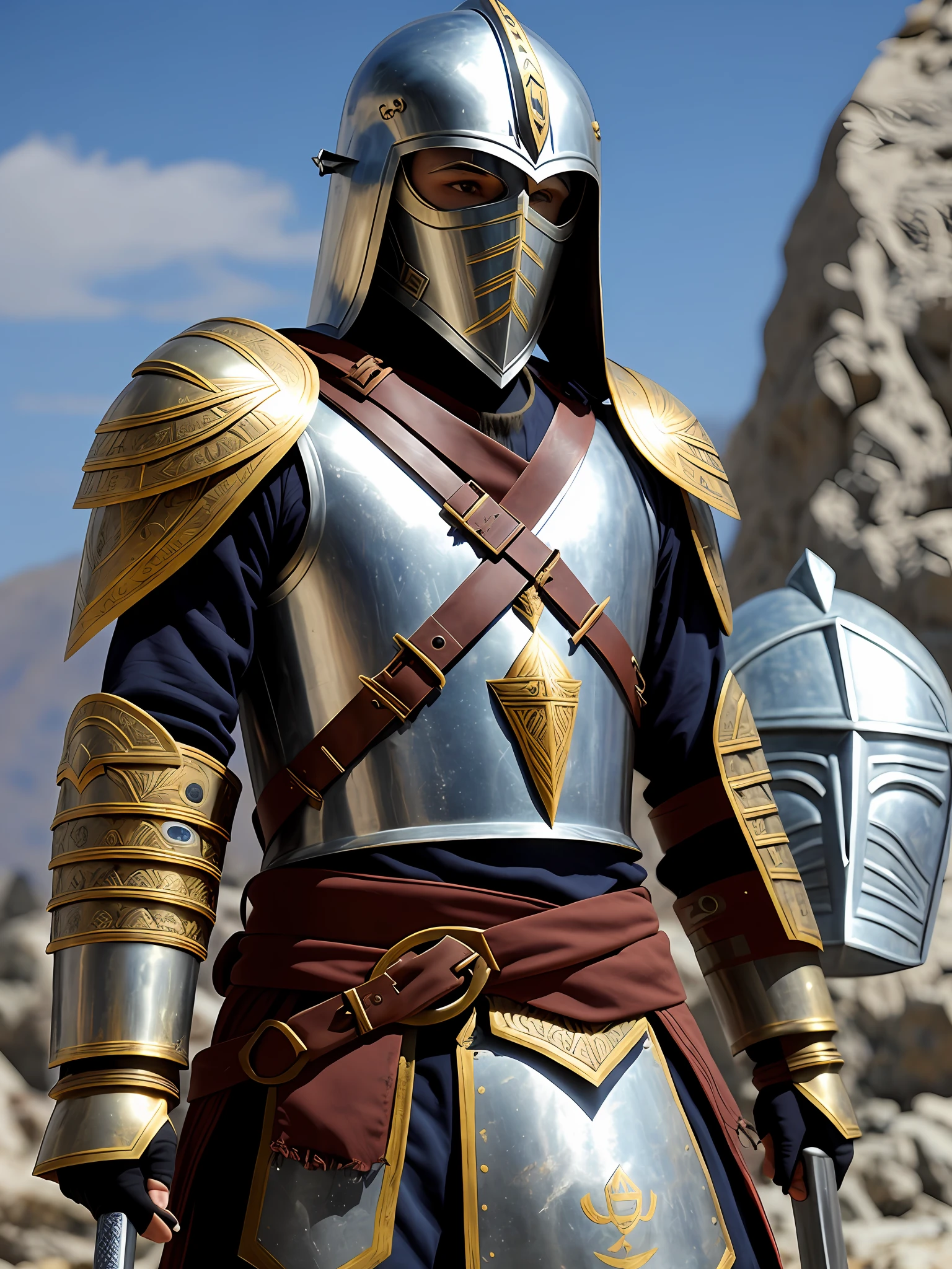 A Byzantine warrior without helmet, using a Inuit mask, degraded clothing, a powerful looking Gauntlet and sword.