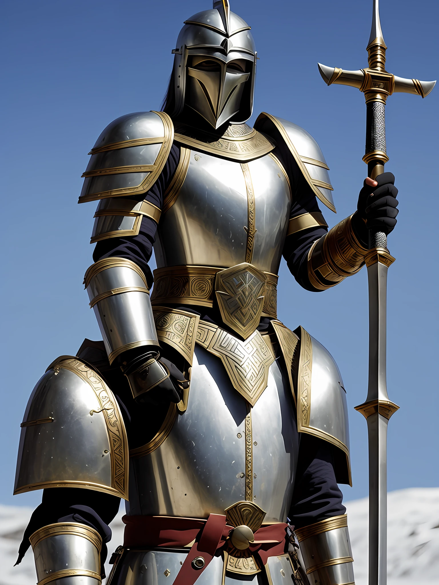 A Byzantine warrior without helmet, using a Inuit mask, degraded clothing, a powerful looking Gauntlet and sword.
