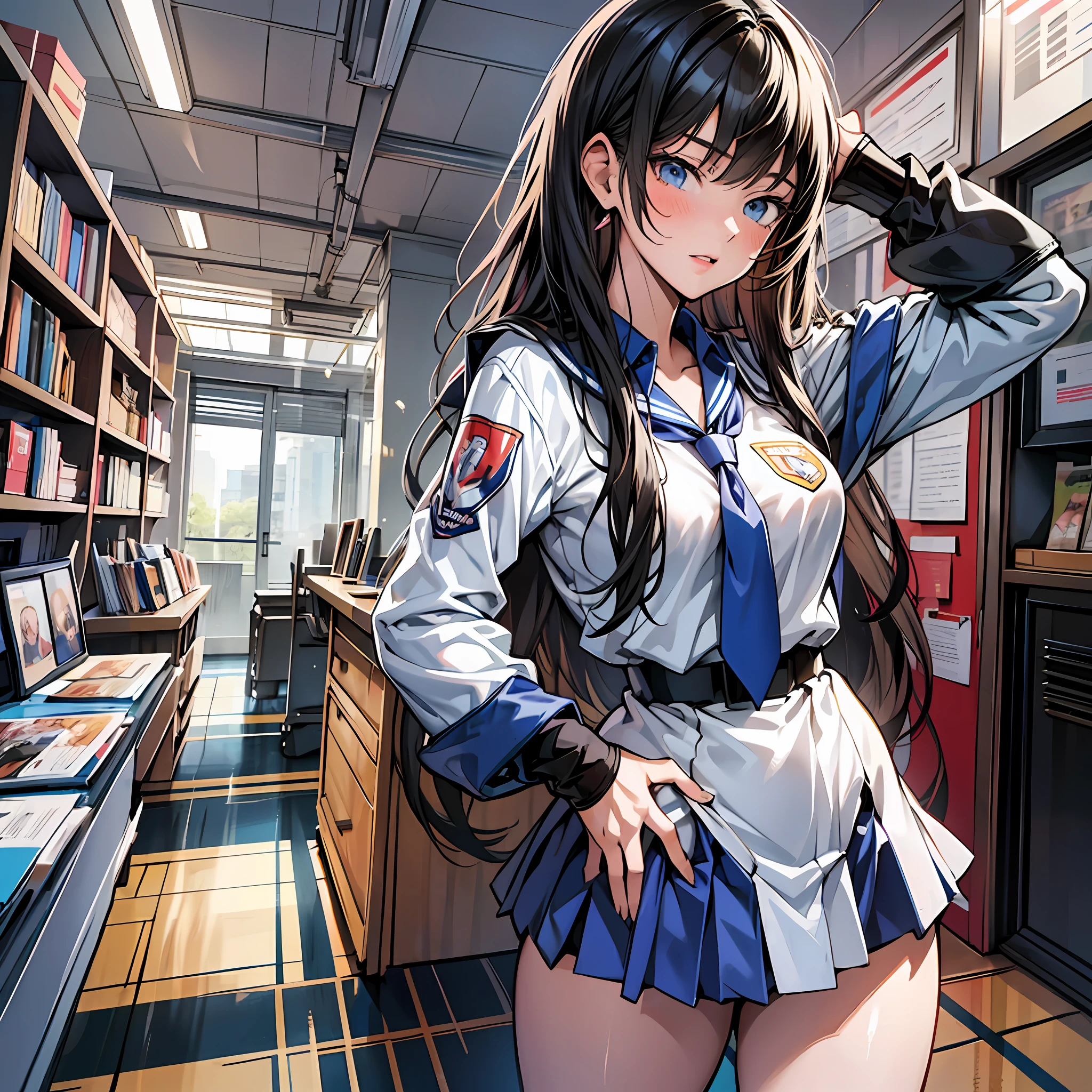 Anime girl in uniform posing for photo, realistic high school girl, surreal schoolgirl, surreal schoolgirl, high school girl, safe for work, ecchi anime style, high school girl pose, beautiful anime schoolgirl, chief ikki, asuka suit under clothes!, rhinoceros