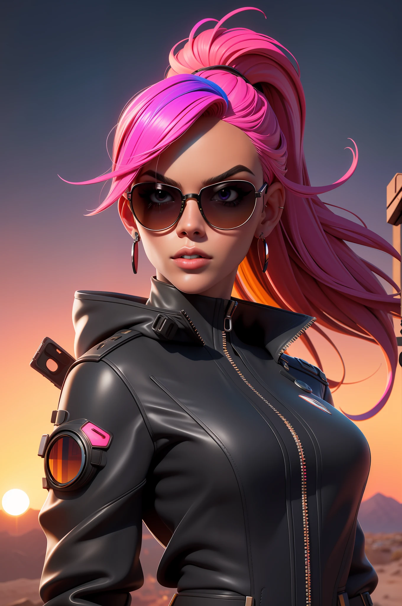 Closeup portrait, A pretty girl with neon colored hair wearing large mirrored sunglasses that reflect the sunset, black and chrome suit with matte finish, Desert Ruin New York background, hyper realistic, detailed, hyper detailed, extremely intricate, dramatic, cinematic, epic, 8K.