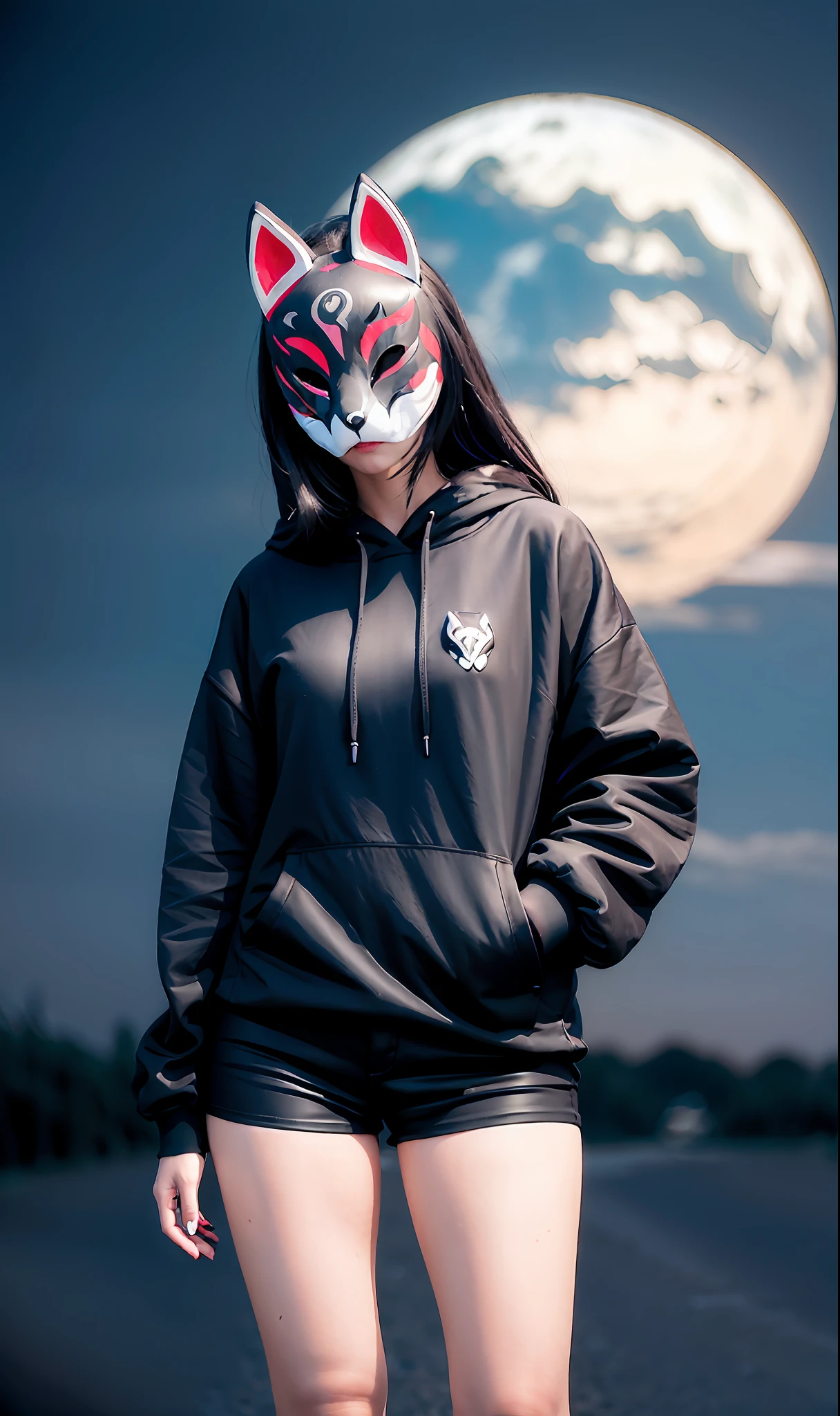 Fox mask person wearing fox mask on face, woman, jet black, long coat, shorts, full moon, moonlit night