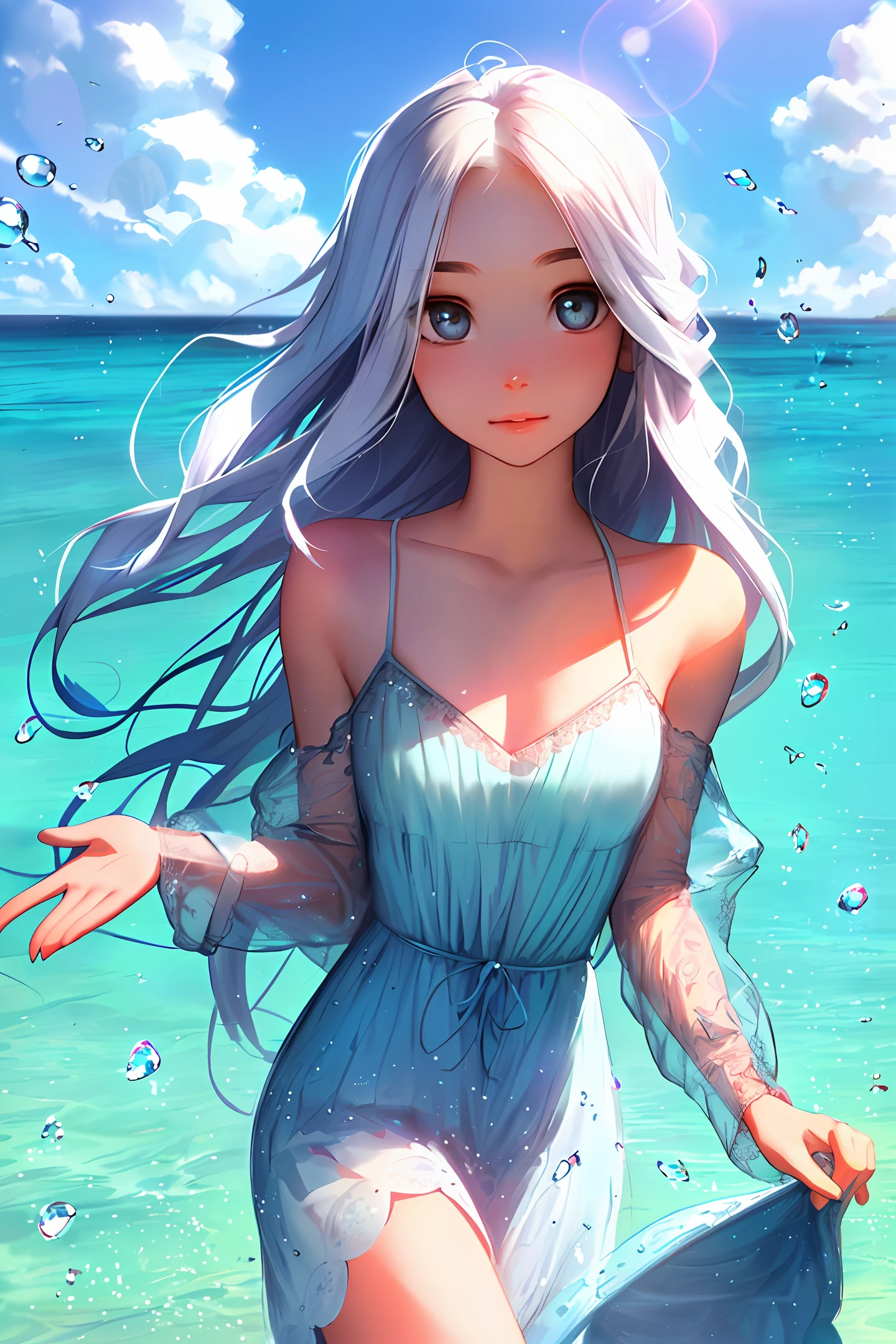 art by Cornflower, dreamy
(a girl who was petite and had beautiful detailed eyes. The depth of field in the photo was perfect, and the lens flare added a nice touch. The finely detailed features of her face really stood out, and the score for this photo was definitely greater than 10. In the background, there was a beautiful ocean with crystal clear water and water droplets on the surface. It was a stunning photo that really captured the beauty of the girl and the water.)