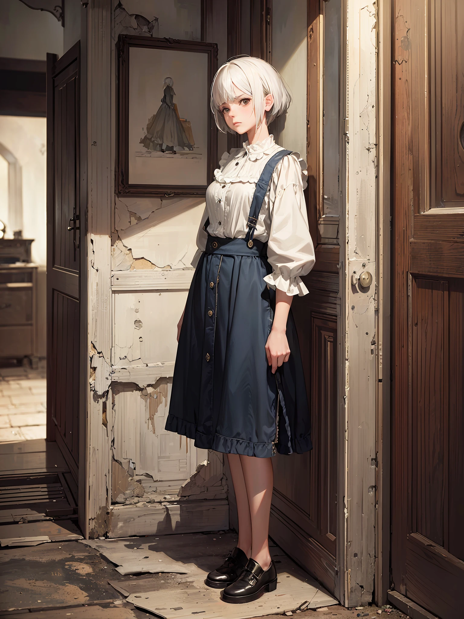 (Masterpiece, high resolution, super detailed, absurd) detailed background, (1 girl), shabby clothes, worn pants, white hair, short hair, 30 year old woman, a little wrinkled, facing the camera, full body portrait, sadness, anger, background shabby house, rundown background